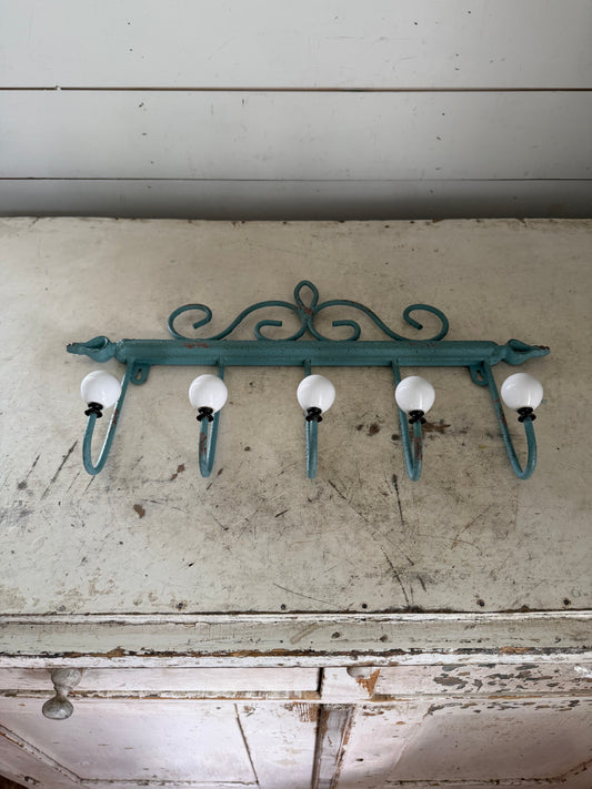Green Wrought Iron Coat Rack With Porcelain Knobs