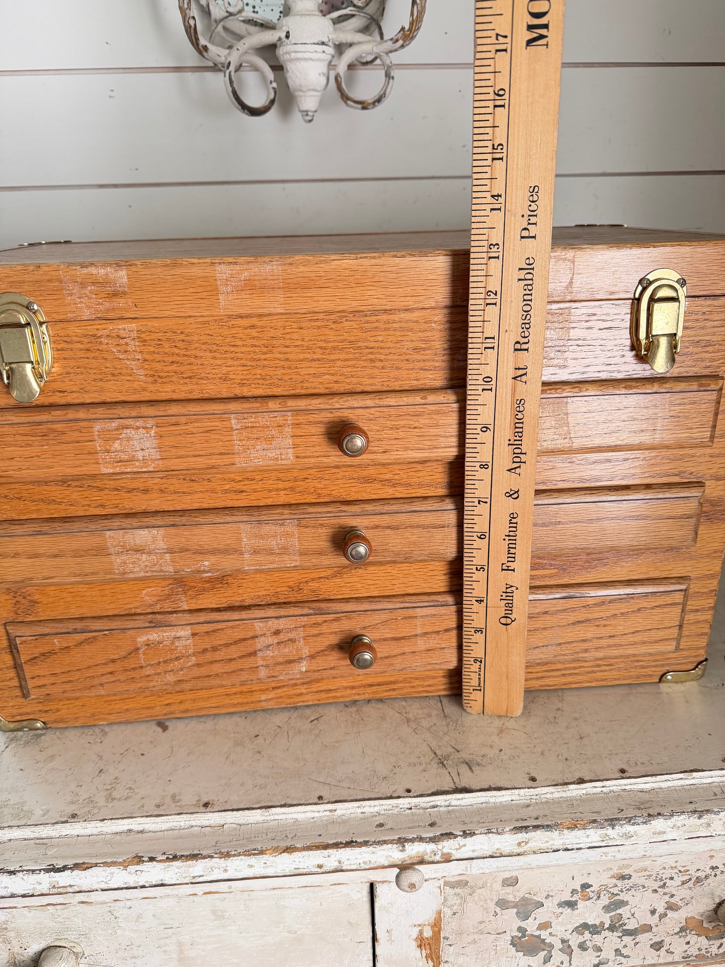 Wooden Oak Sewing Notions Chest - Will Get Makeover - drawers are empty