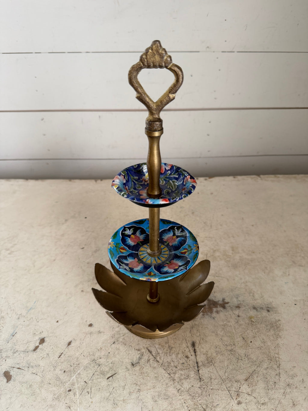 Vintage brass lotus jewelry stand with floral trays