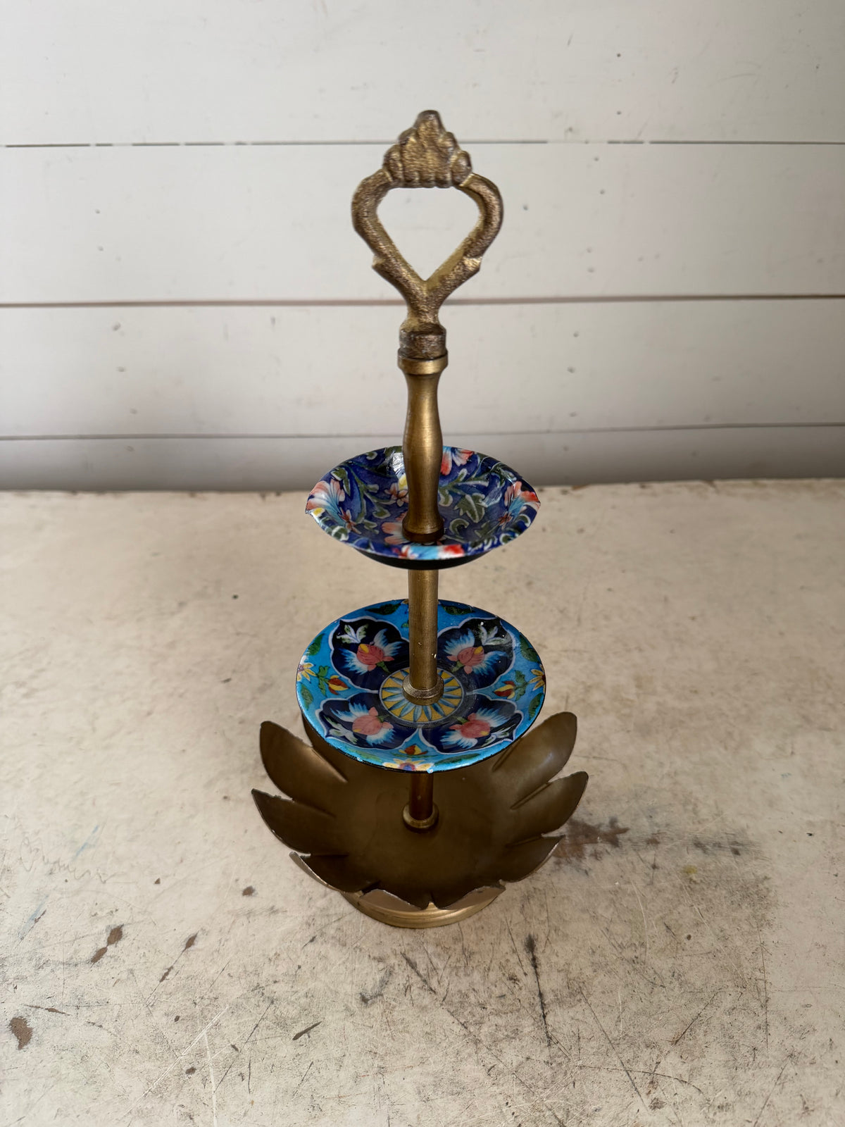 Vintage brass lotus jewelry stand with floral trays