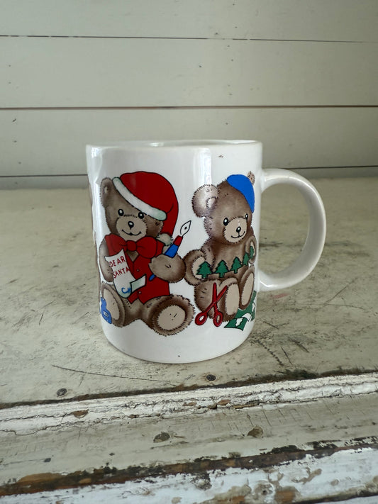Vintage White Ceramic Christmas Teddy Bears Coffee Mug Cup "C" Handle 3 3/4"