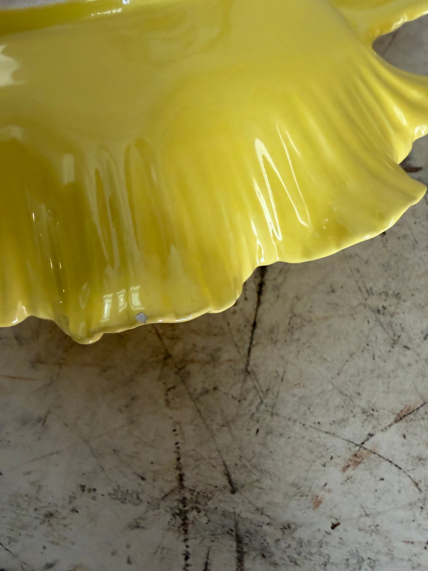 Vintage yellow ceramic dish California Pottery divided leaf relish Tray - Has Some Chips