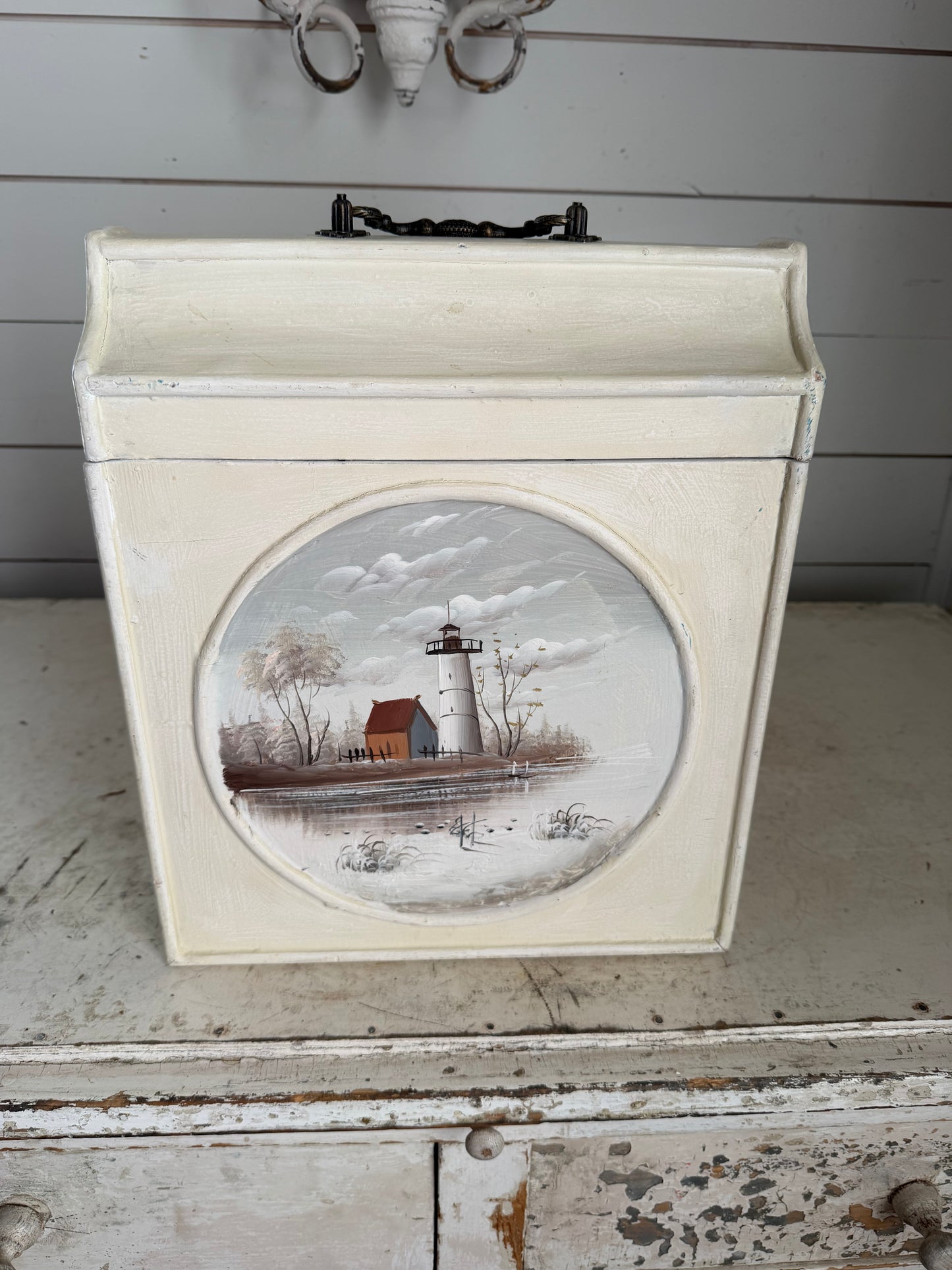 Hand painted lighthouse scenes wood storage box