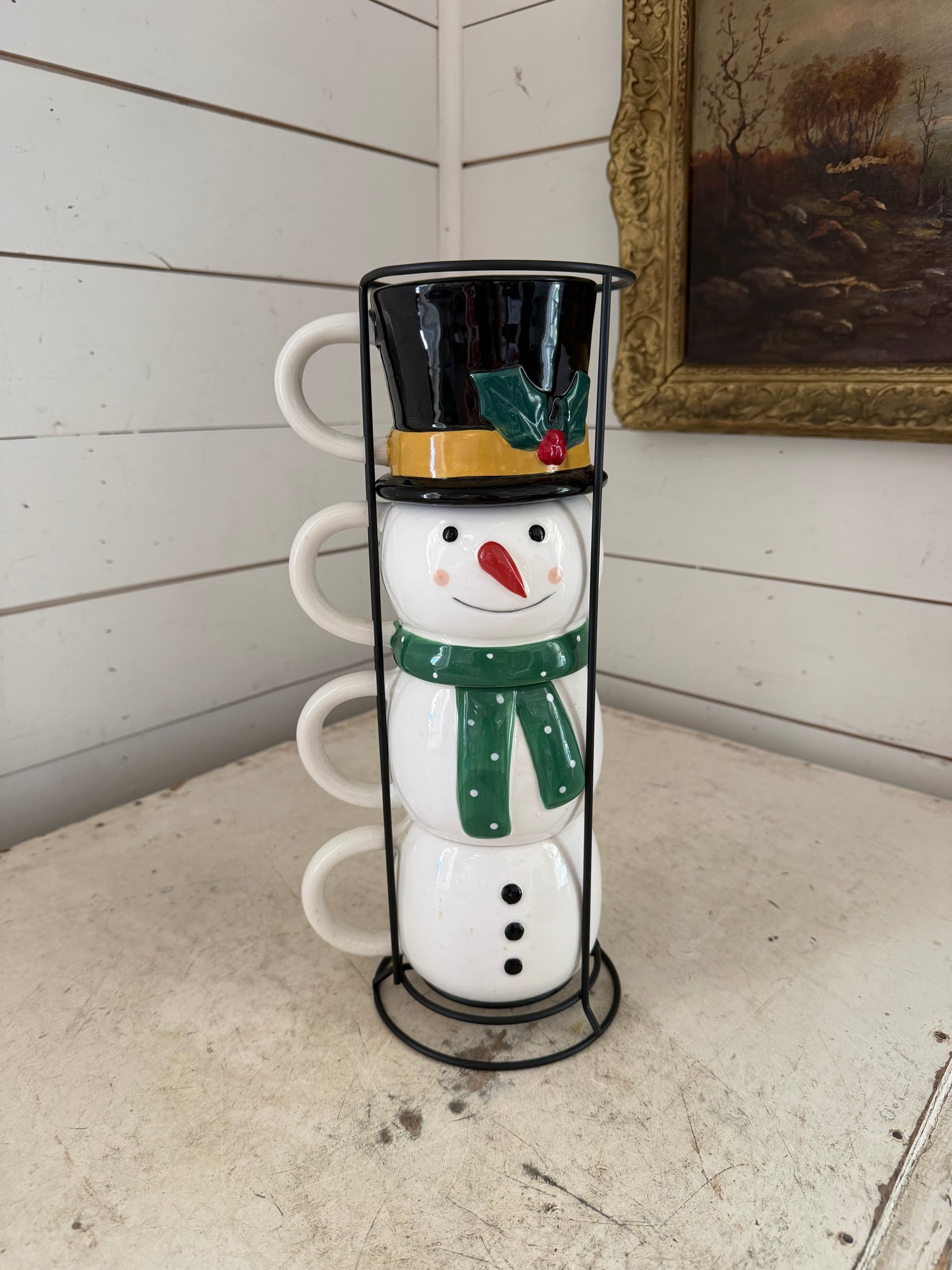 Holiday Time Snowman Stacking Mugs With Wire Rack