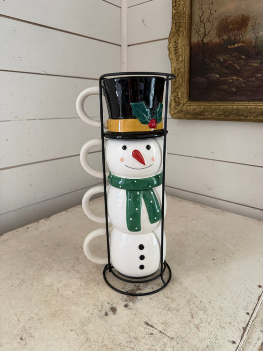 Holiday Time Snowman Stacking Mugs With Wire Rack