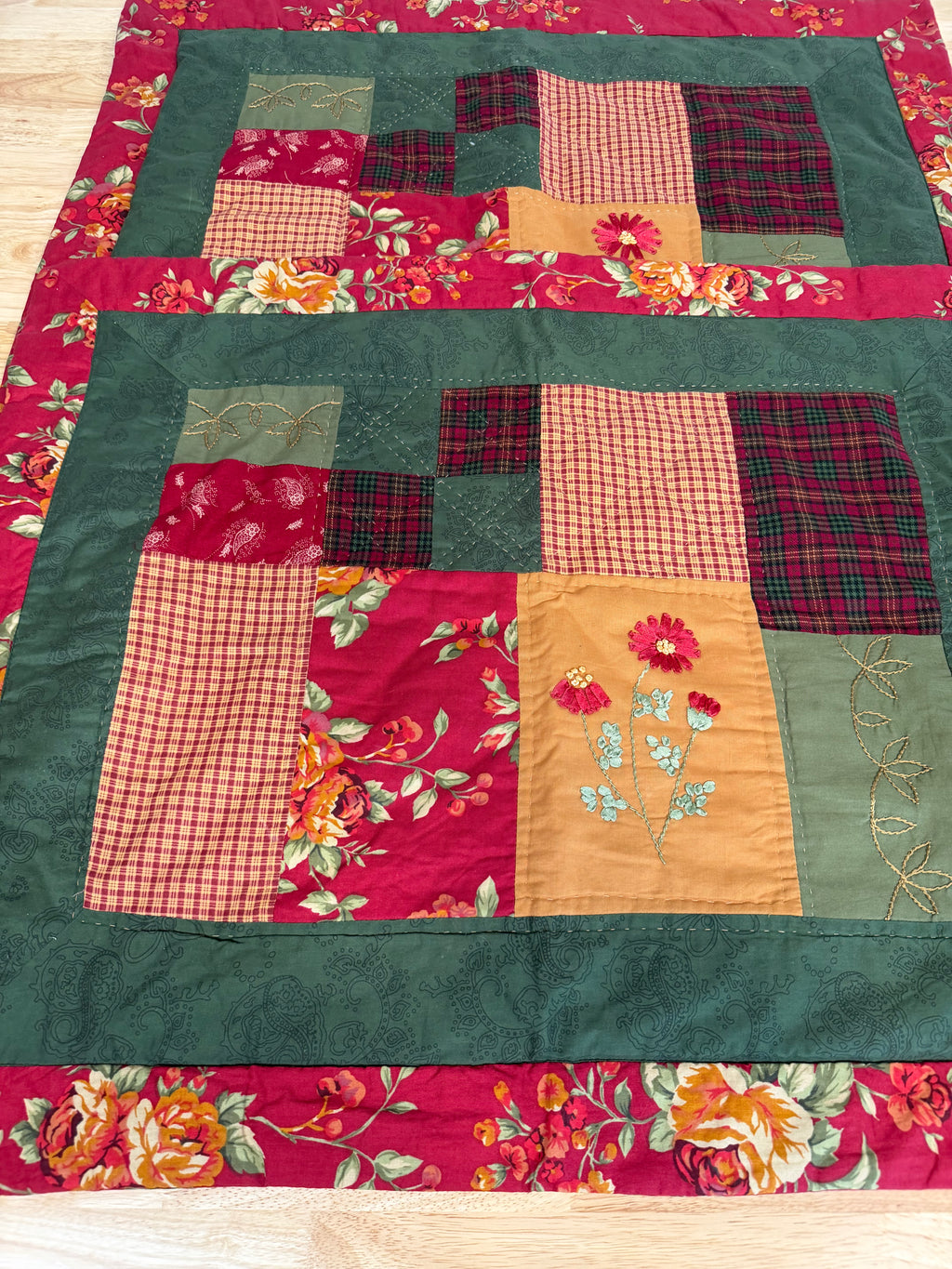 Pair Quilted Patchwork Standard Pillow Shams Embroidered Florals Country Rose