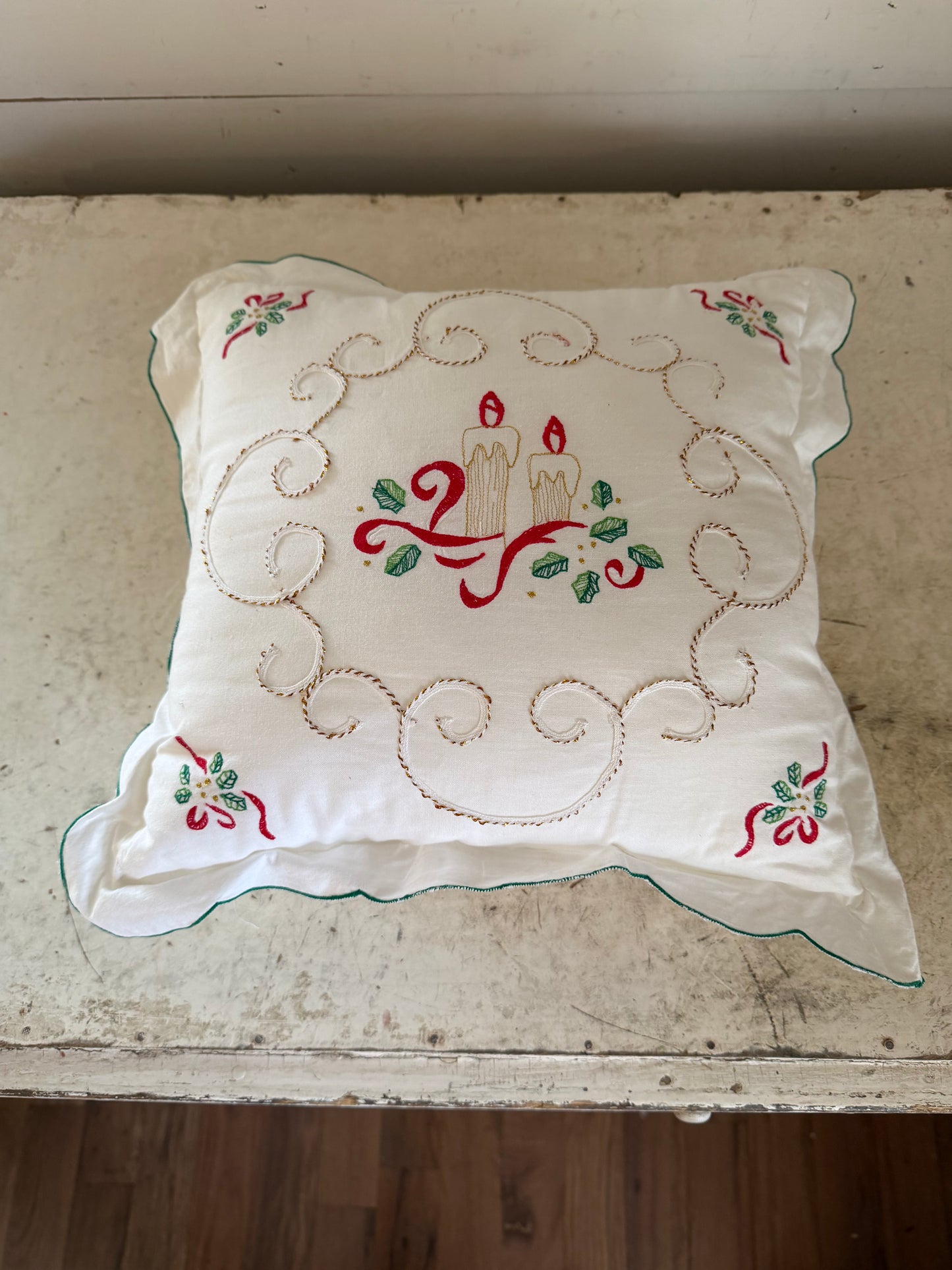 Embroidered Decorative Christmas Pillow With Holly and Candles