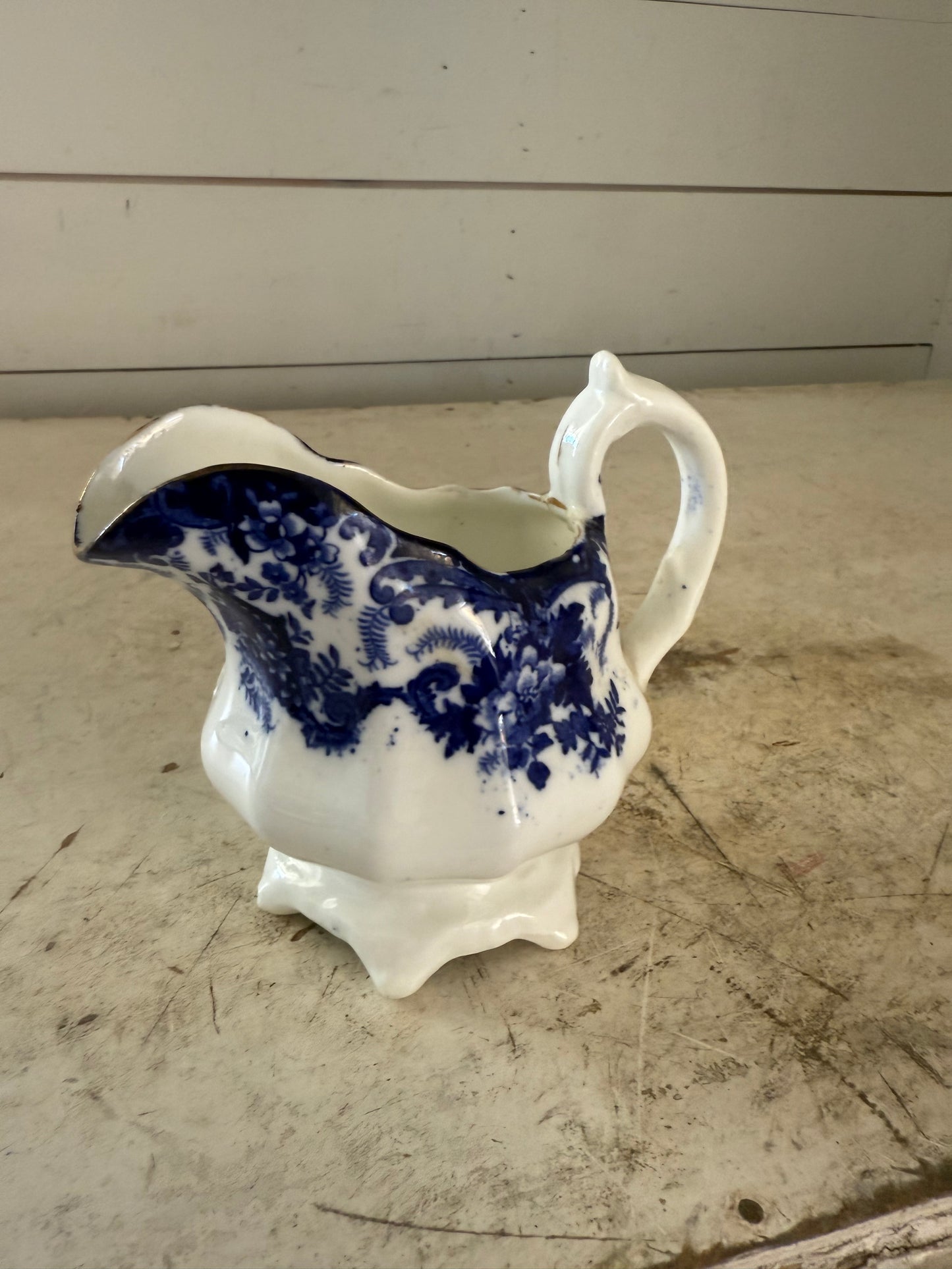 Antique flow blue creamer small pitcher handle has been glued back on
