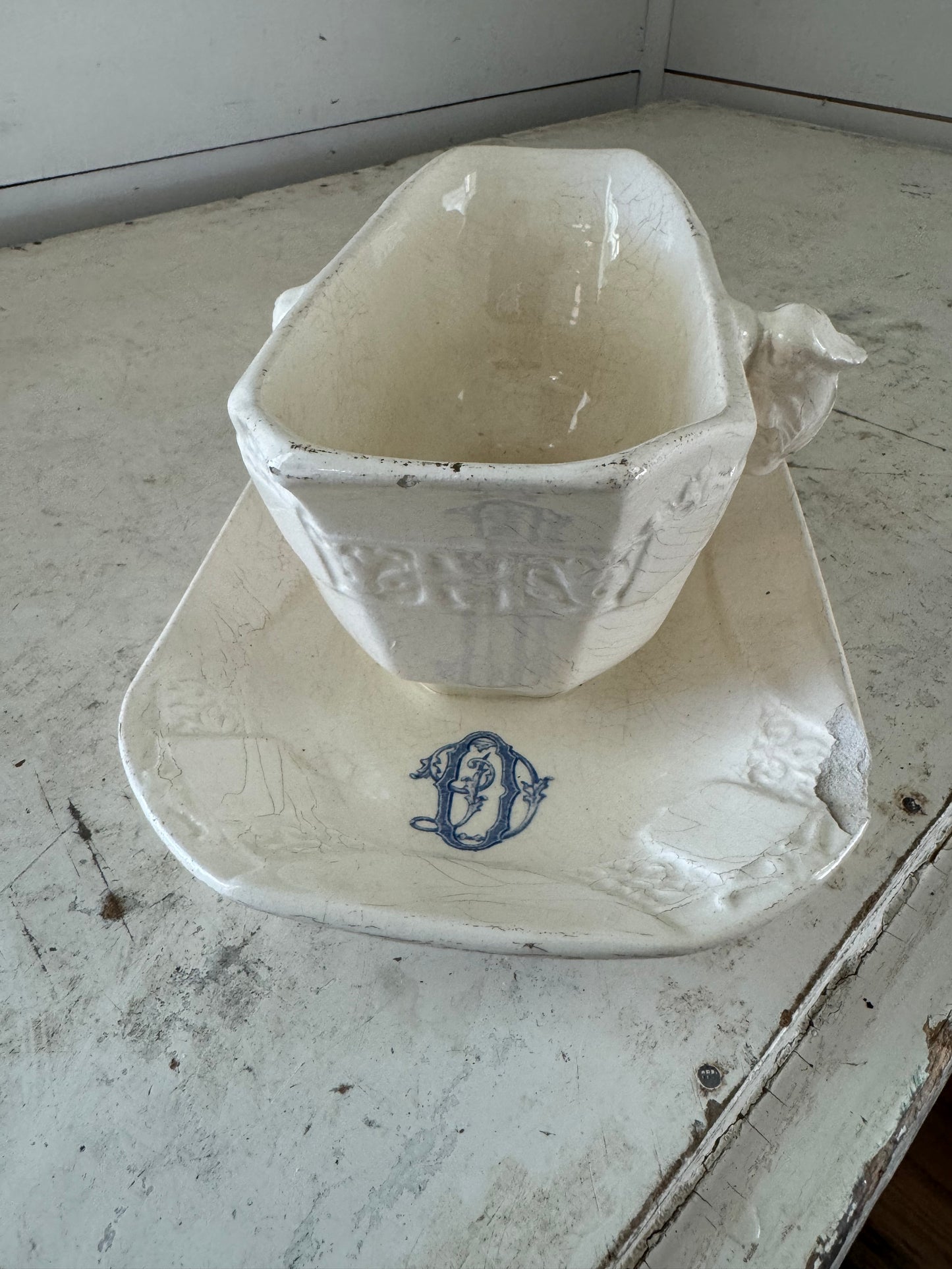 French Longchamp Monogram Ironstone Sauce Boat has chips