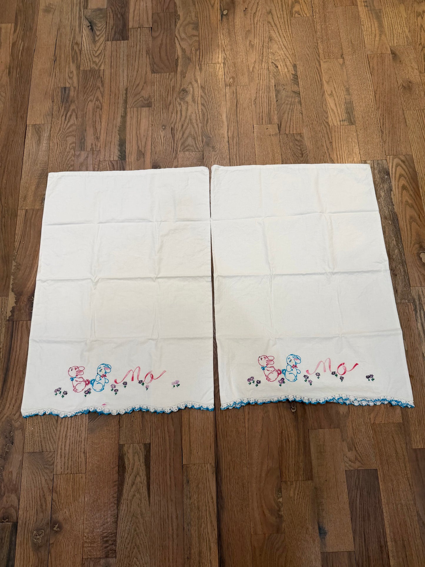 Set of Standard size embroidered pillowcases with bunnies