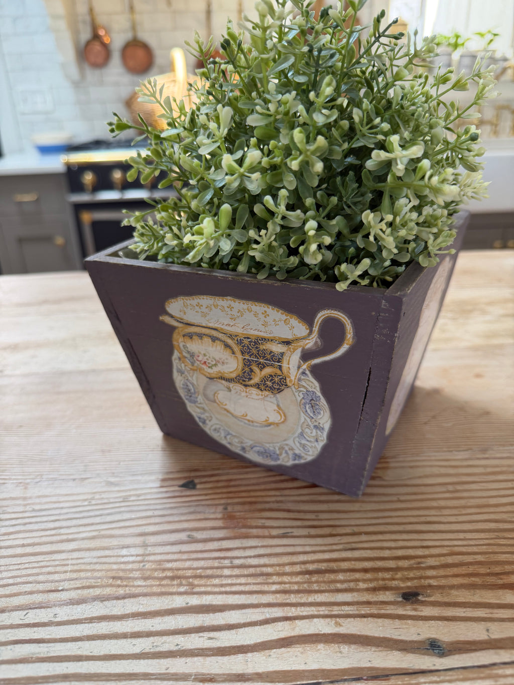 Hand Painted Teacup Wood Box greenery not included