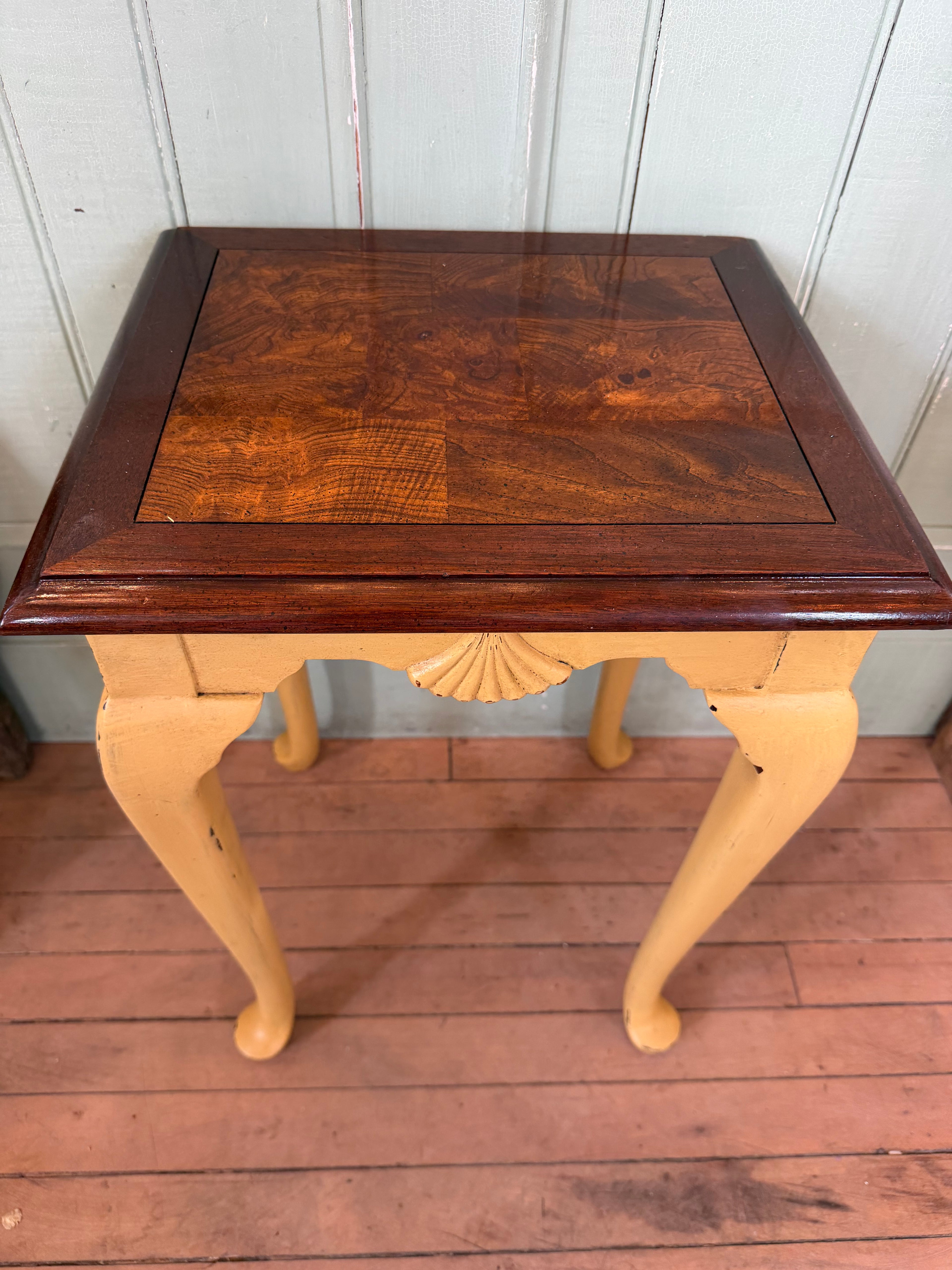 Vintage Queen Ann Style End Table - chippy milk paint 22” tall