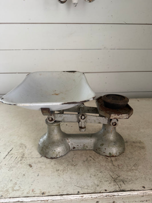 Cast Vintage Scale with weights and enamel bowl