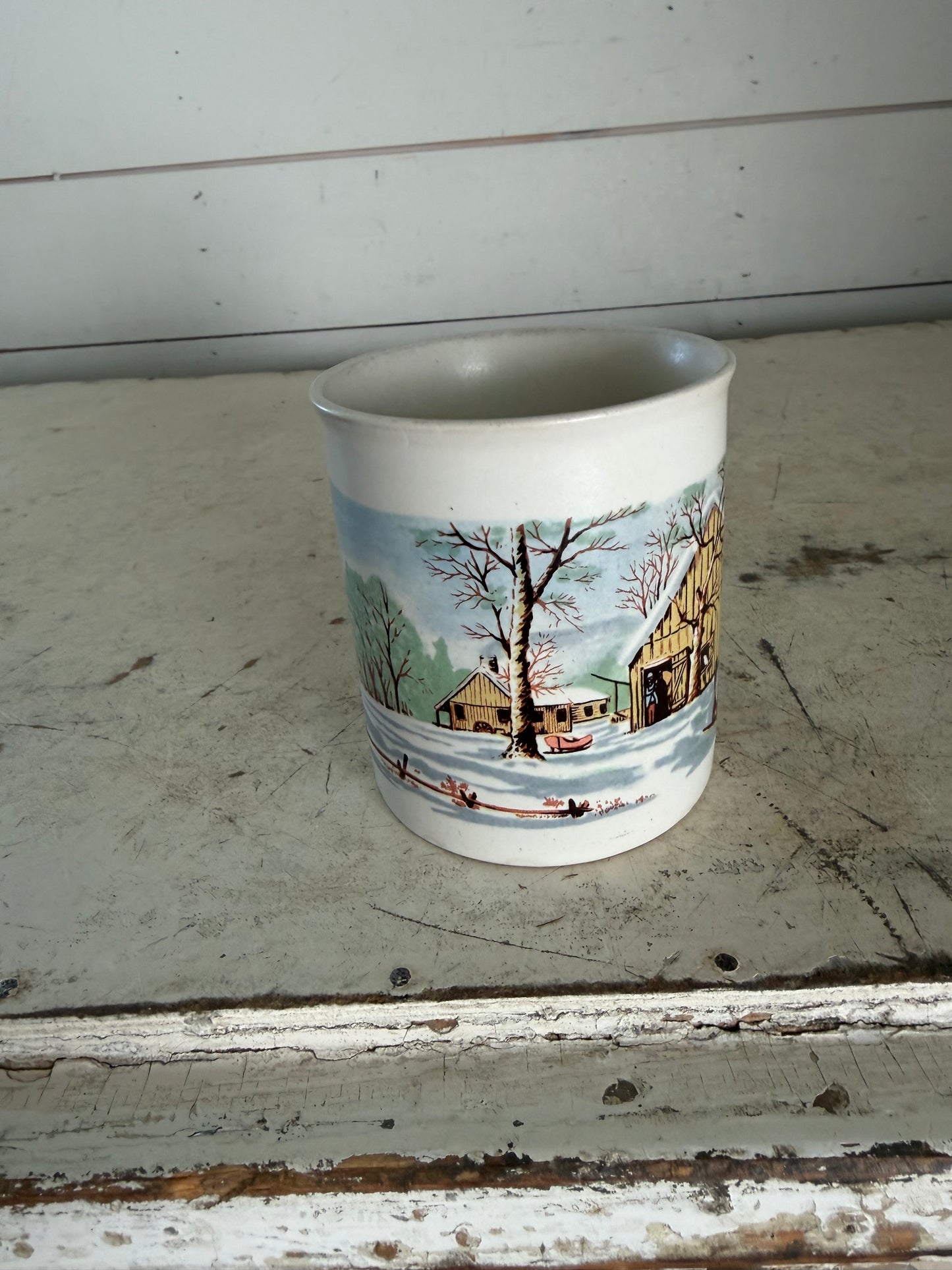 Vintage Sunnycraft Stoneware Mug With Hand Painted Barn Scene
