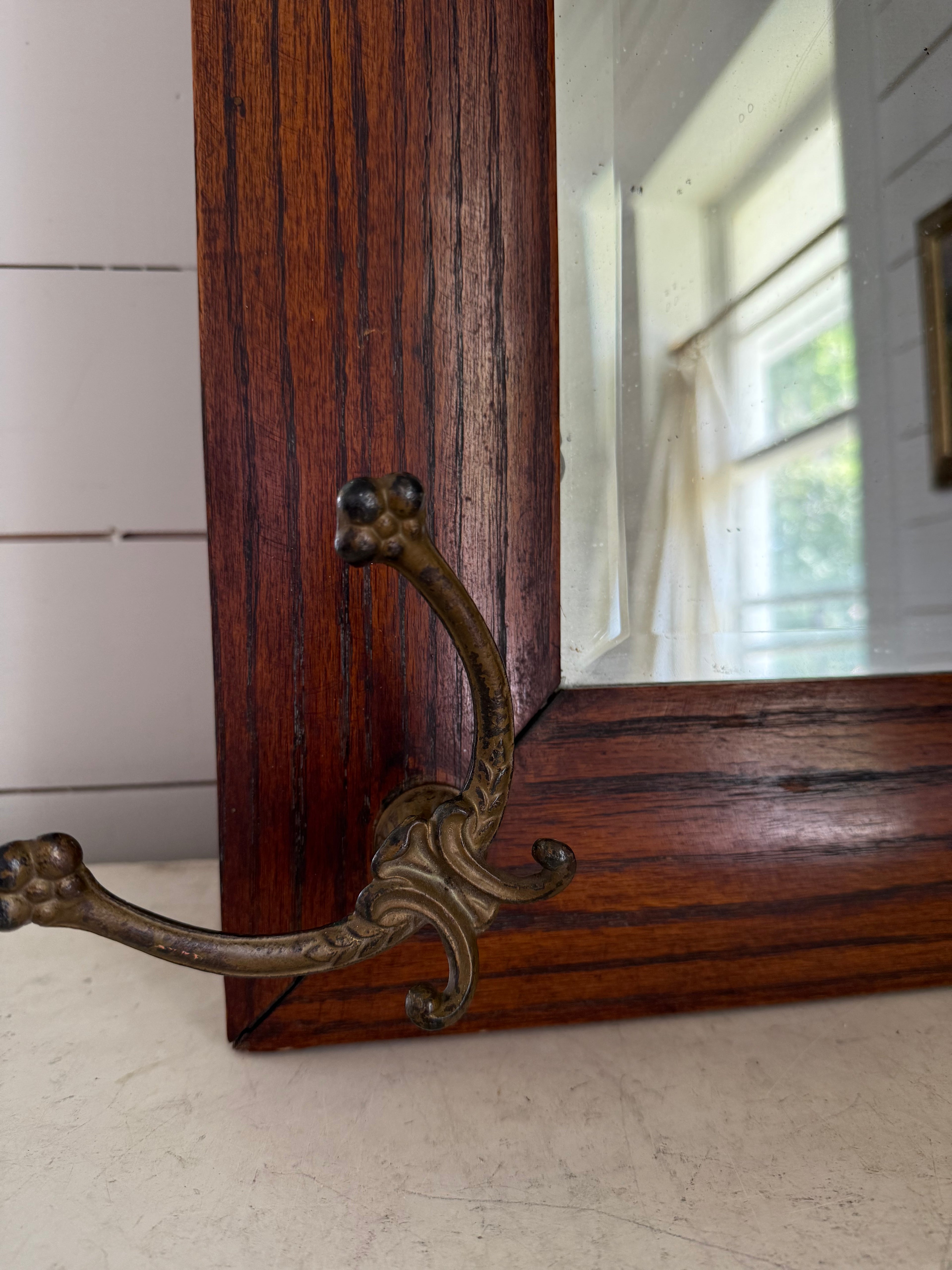 Heavy Wooden Victorian Antique Mission Diamond FRAME WALL GLASS MIRROR HOOK Wood