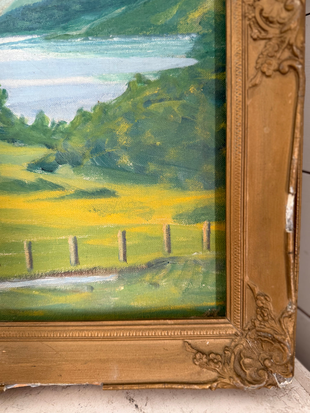 Original English Cottage & Lake Antique Art with Frame - as is see damage as shown