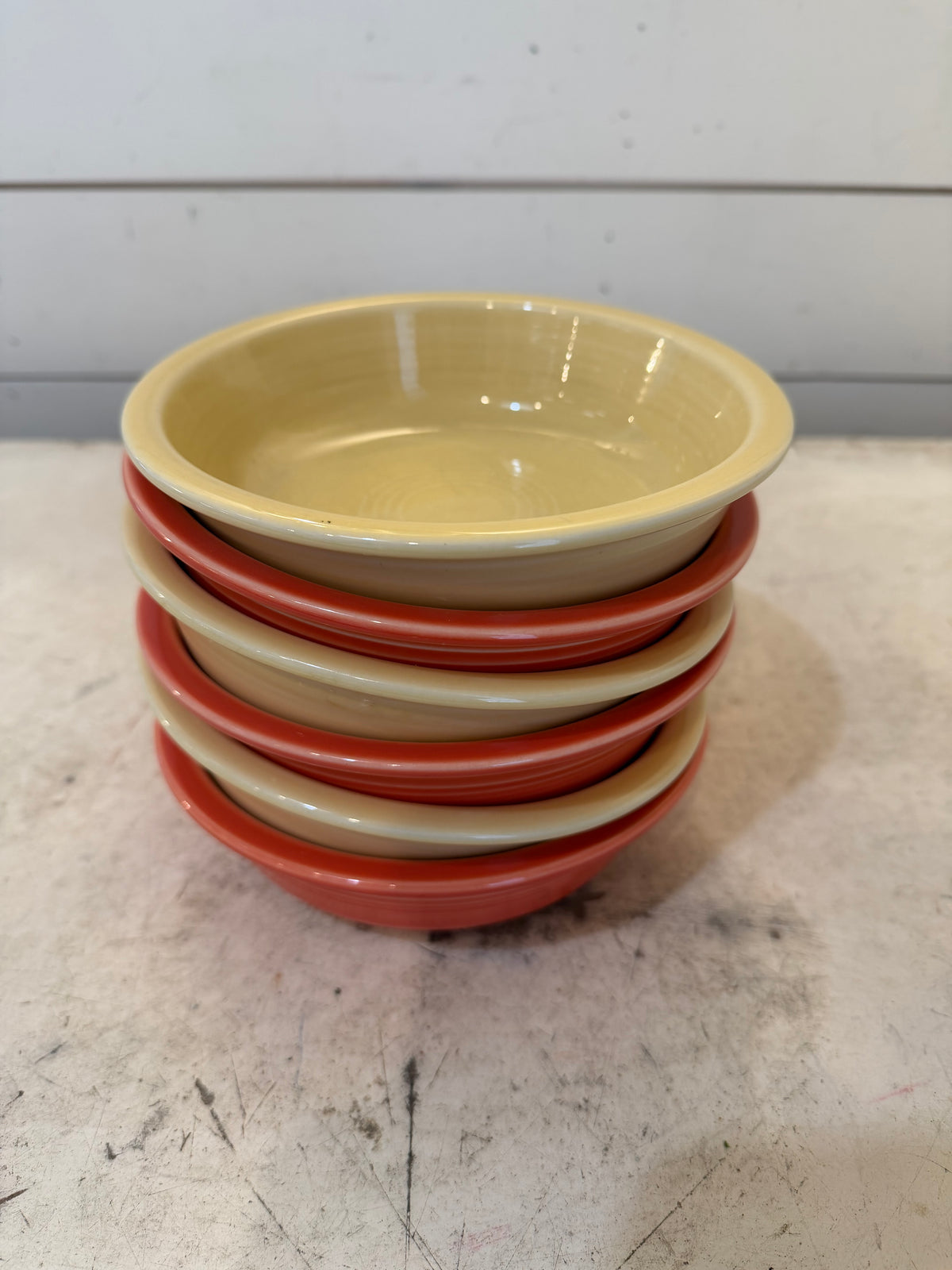 vintage Homer Laughlin Fiestaware 7" coupe cereal bowls in yellow and scarlet colors - SOLD individually