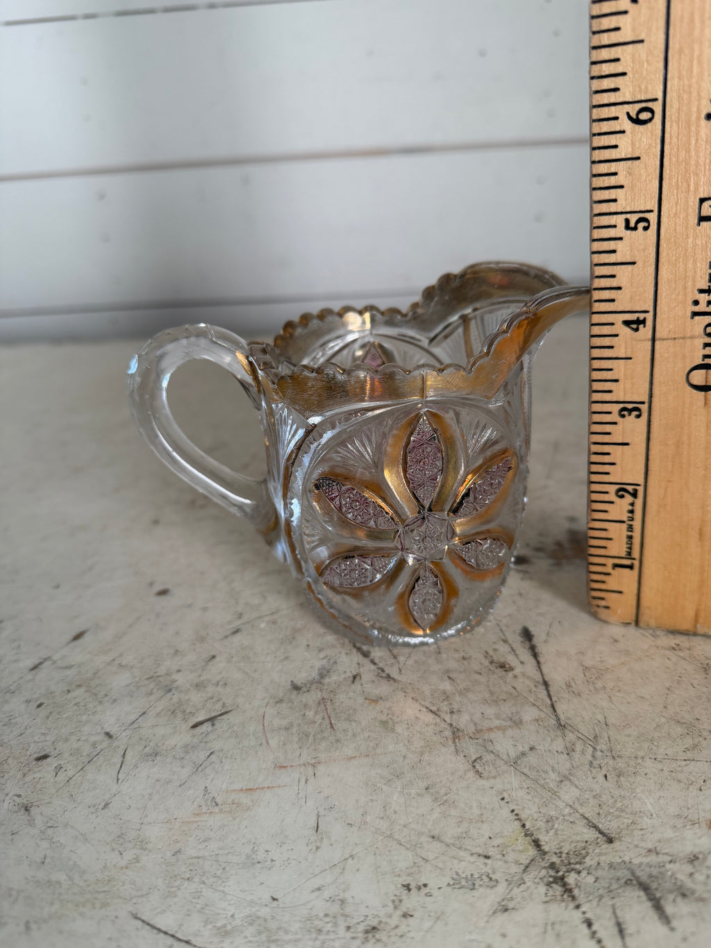 Early American Pressed Glass Creamer With Gold Gilding