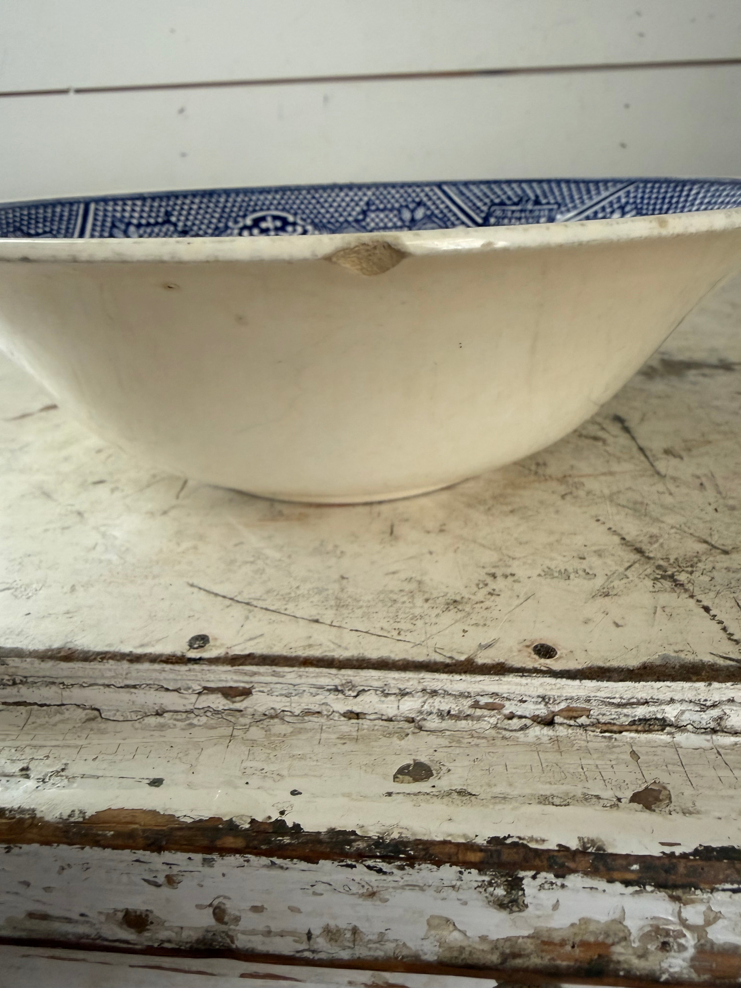 Vintage 1960 Blue Willow Serving Bowl- Blue & White -8 1/2” Diameter - Chip underneath lip