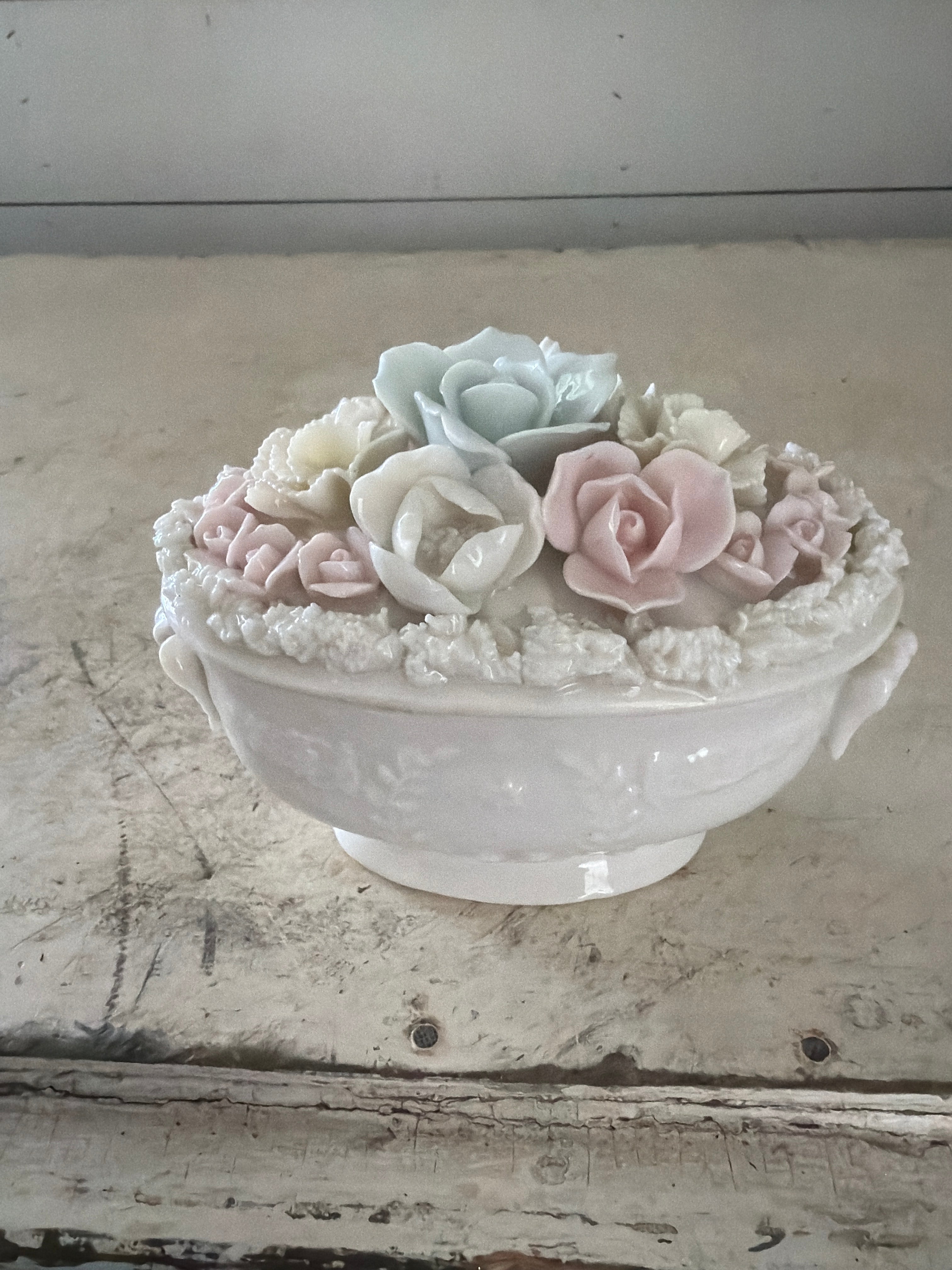 Vintage Lenwile China Ardalt Japan Verithin Porcelain Rose Trinket Box 1950s