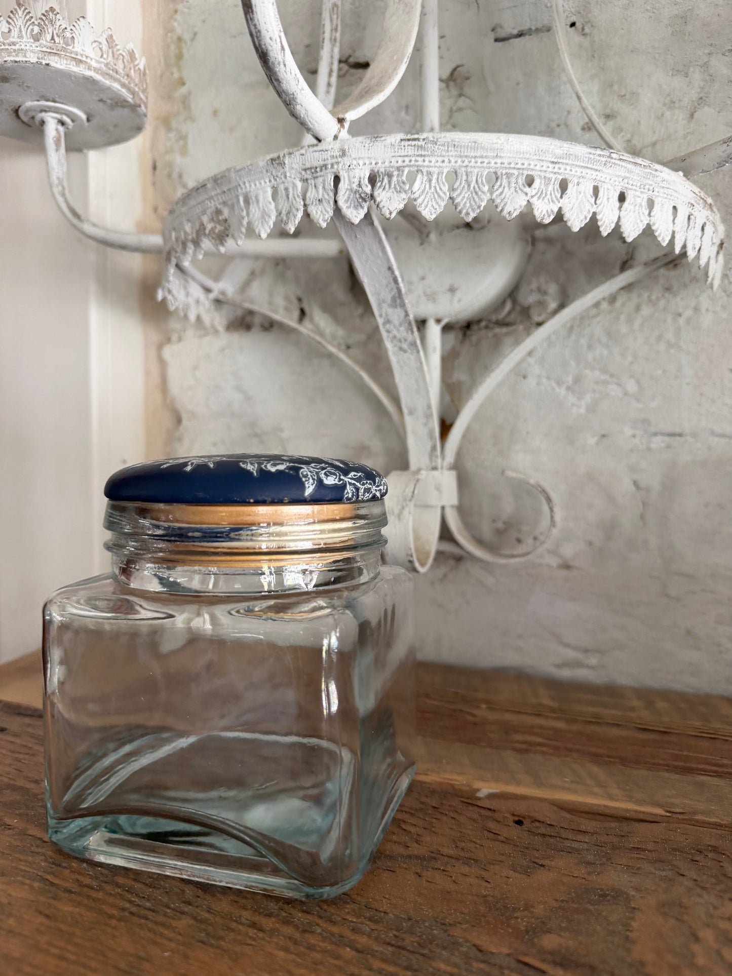 Blue Birds jar with wood lid