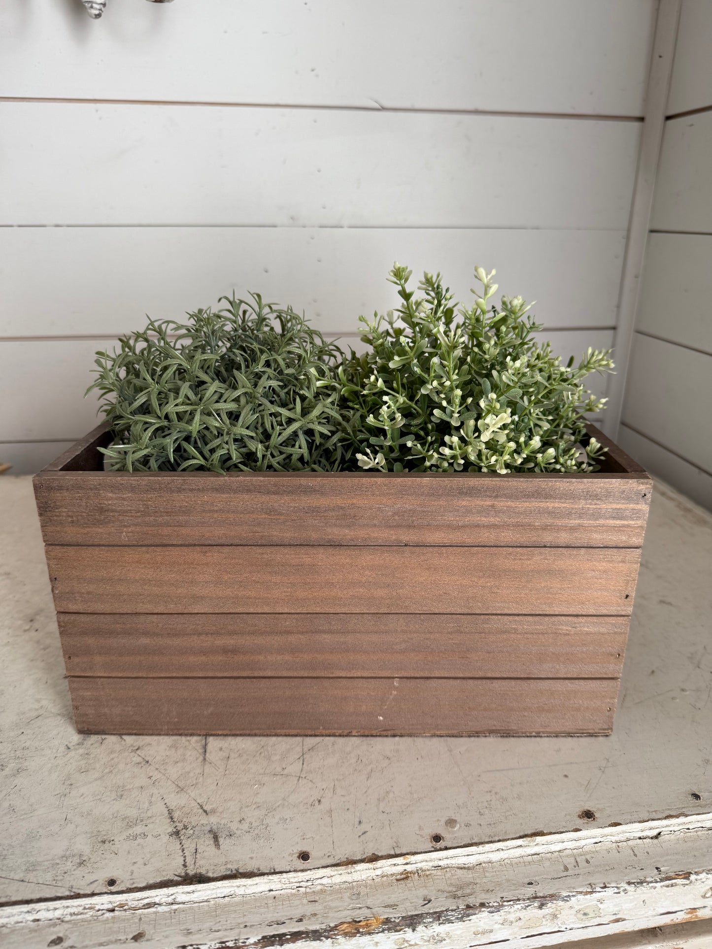 Wooden storage box with chalk board label will get painted greenery not included