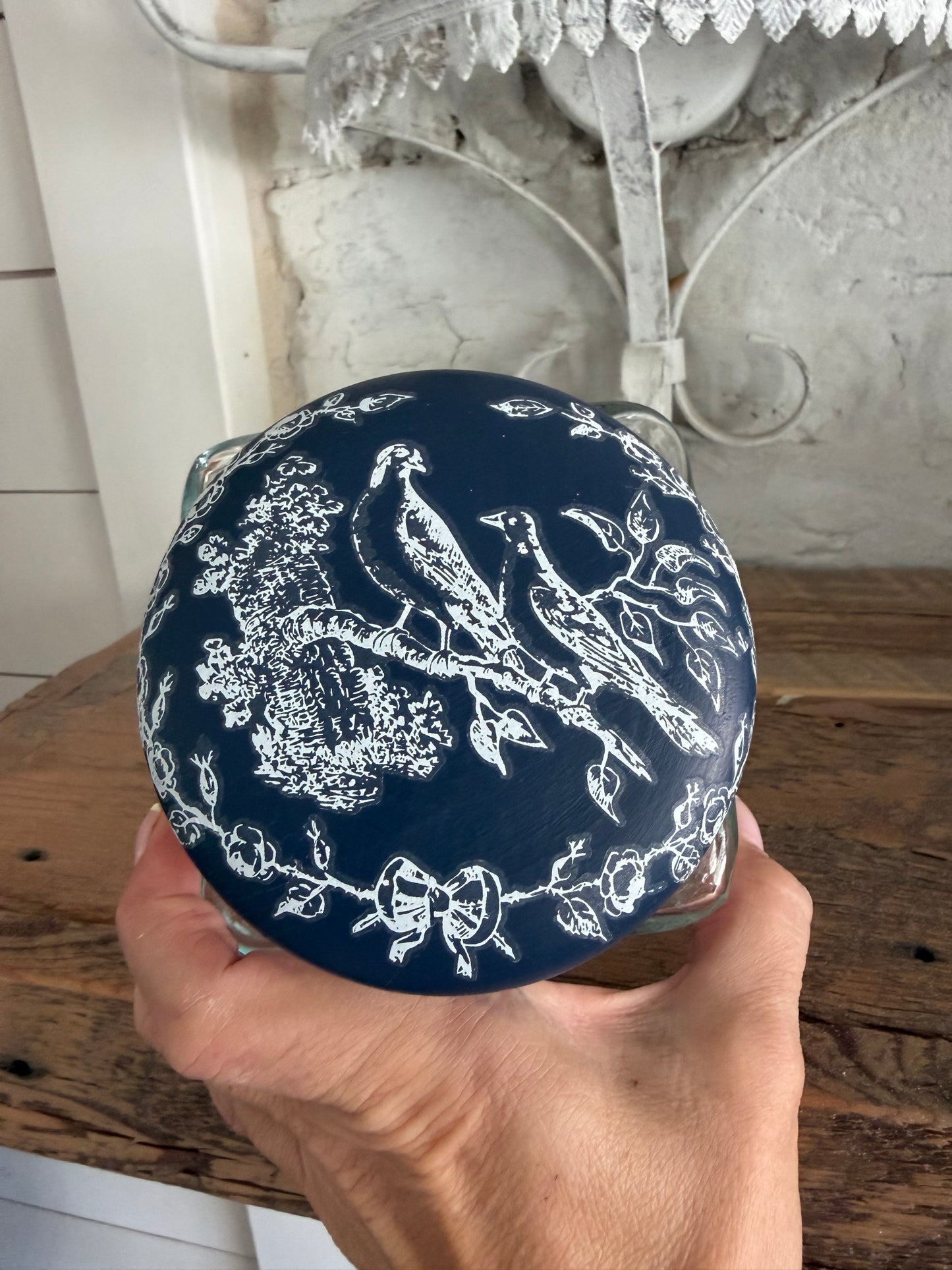 Blue Birds jar with wood lid