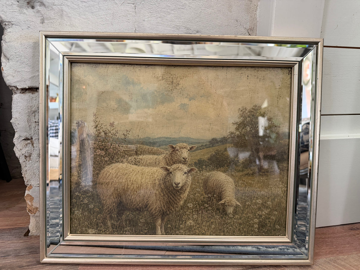 Mirrored frame with pastoral sheep print 17”x14”