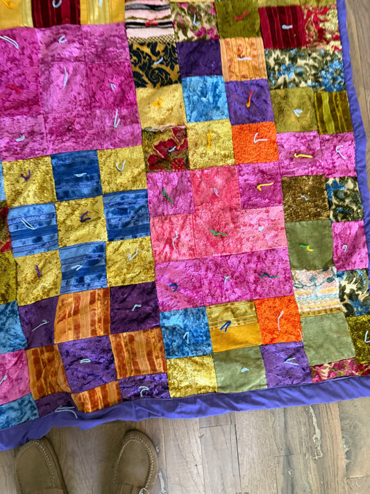 Homemade Crazy Velvet Quilt twin Size as is