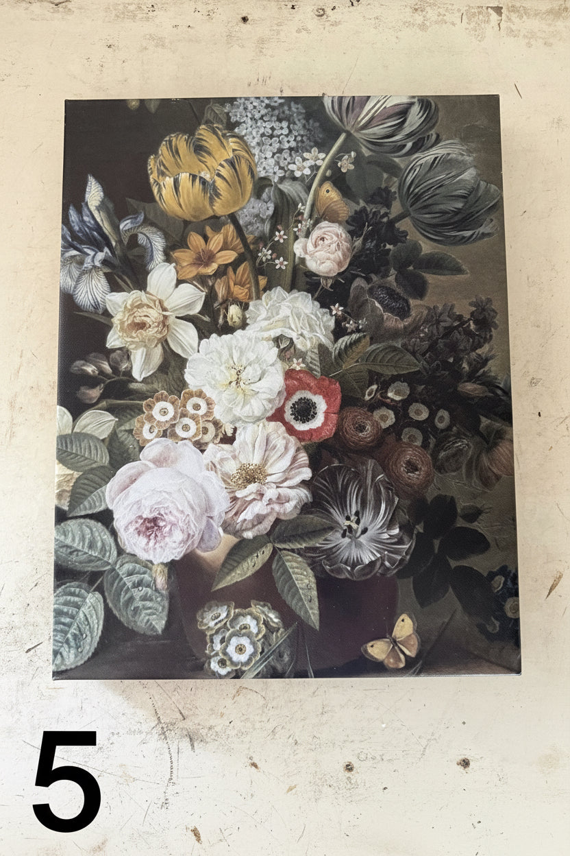 Canvas floral art sold individually will get wood framed with salvage wood