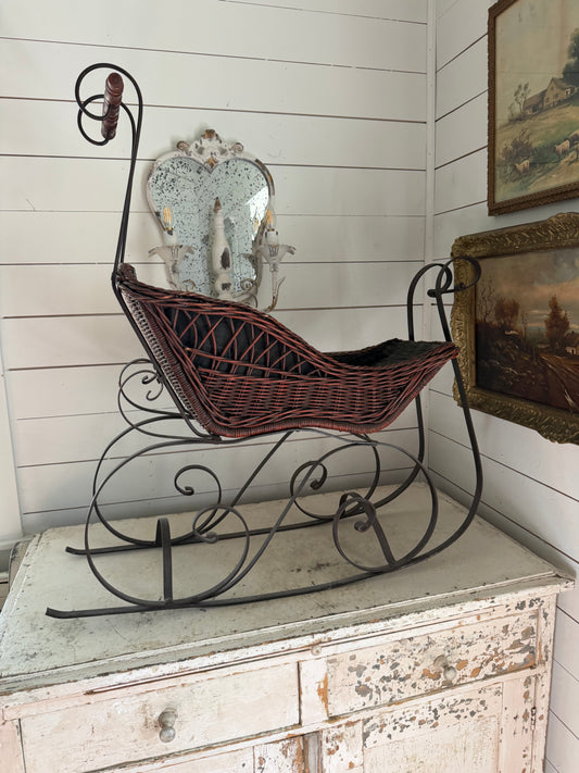 Vintage Wicker and Wrought Iron Doll Sled