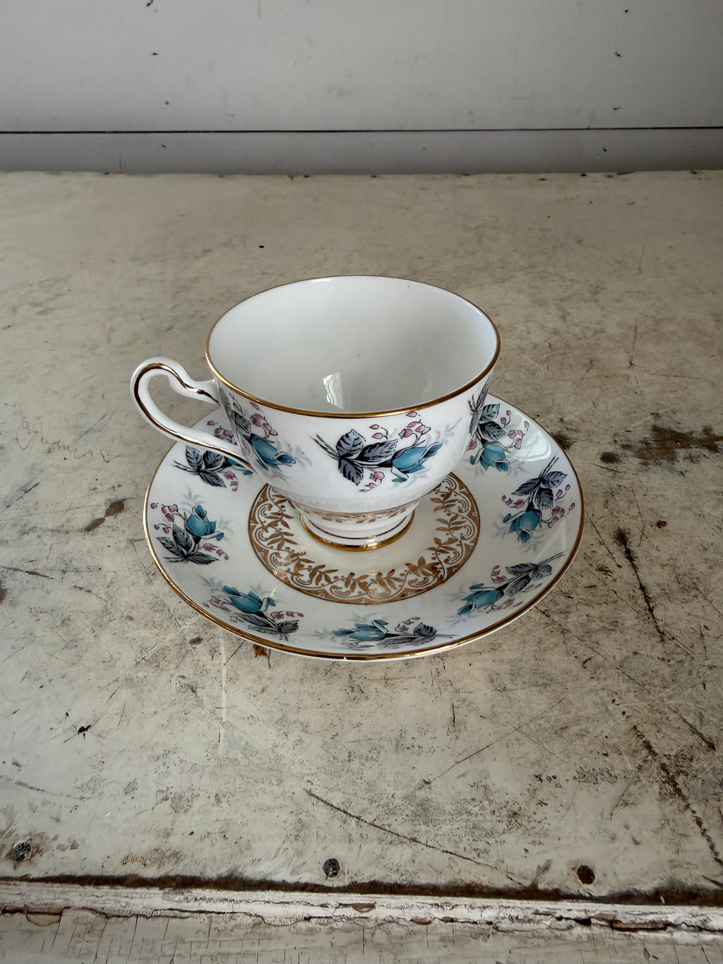 Rosina bone China made in England Teacup and Saucer Blue Floral