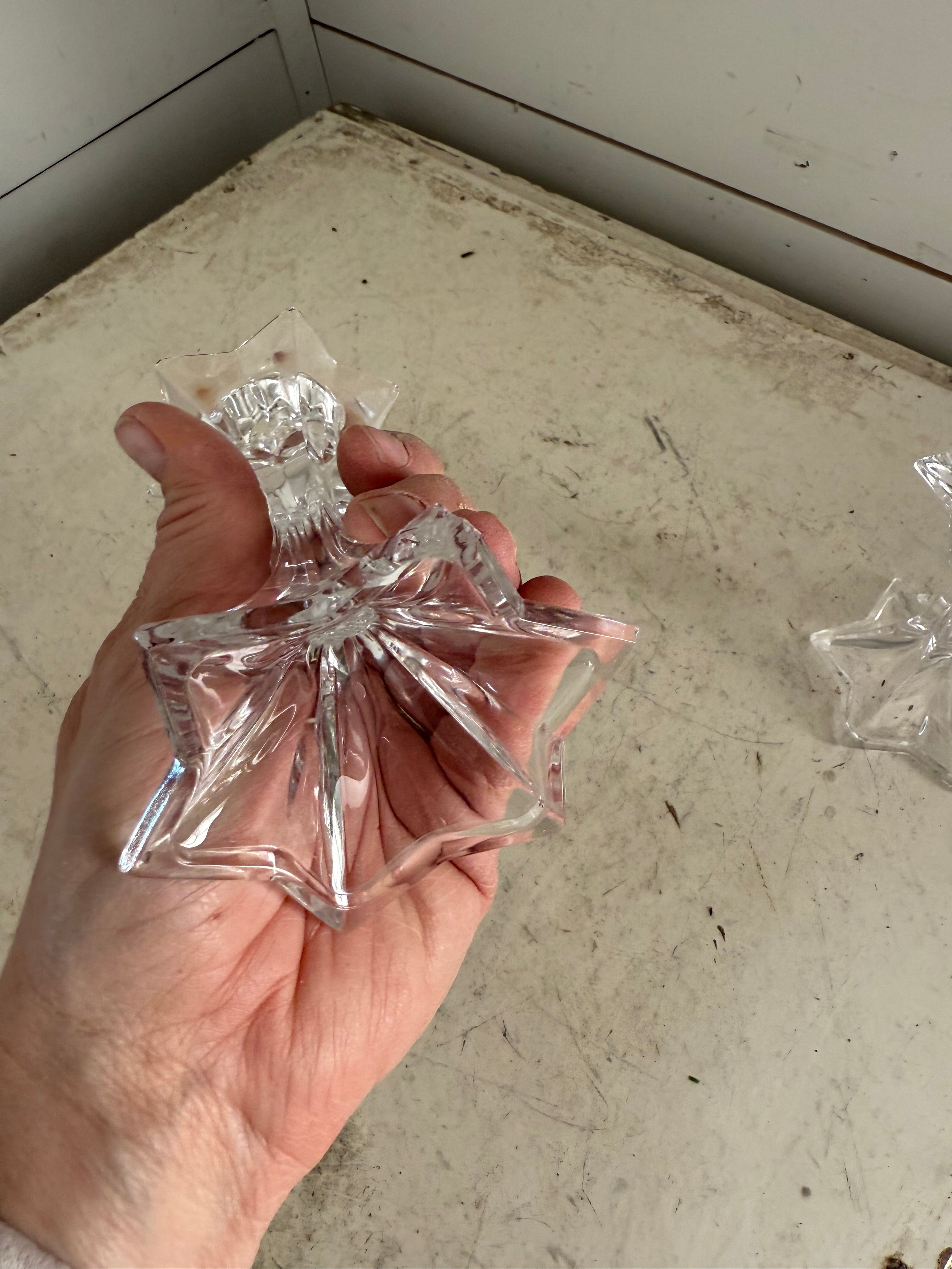 Mikasa Firestar Small Crystal Pair of Candle Stick Holders Star Pattern 4.5" has chip