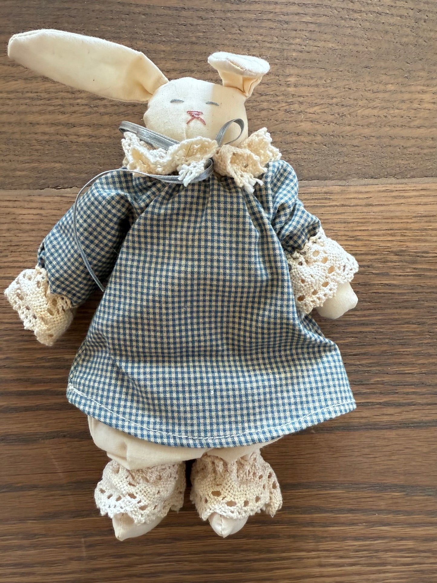 Flop eared cotton bunny with blue dress