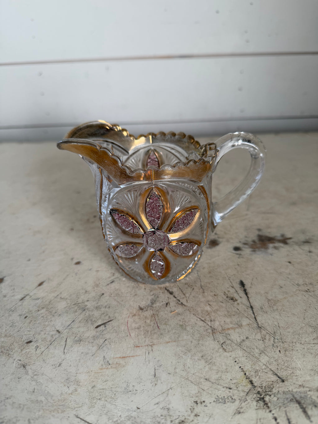 Early American Pressed Glass Creamer With Gold Gilding