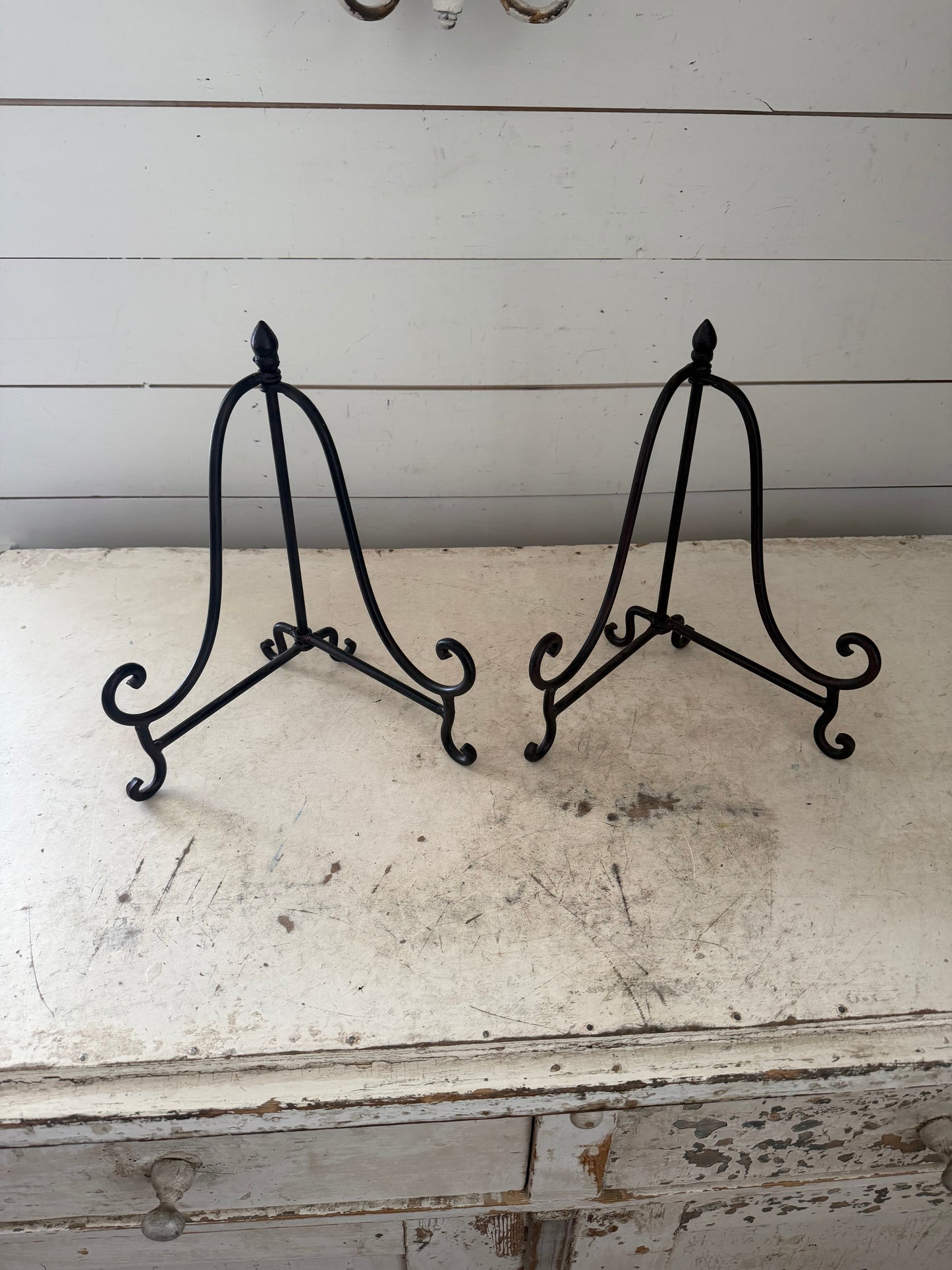 Black metal scrollwork tabletop display easels,  folding tripod -SOLD INDIVIDUALLY