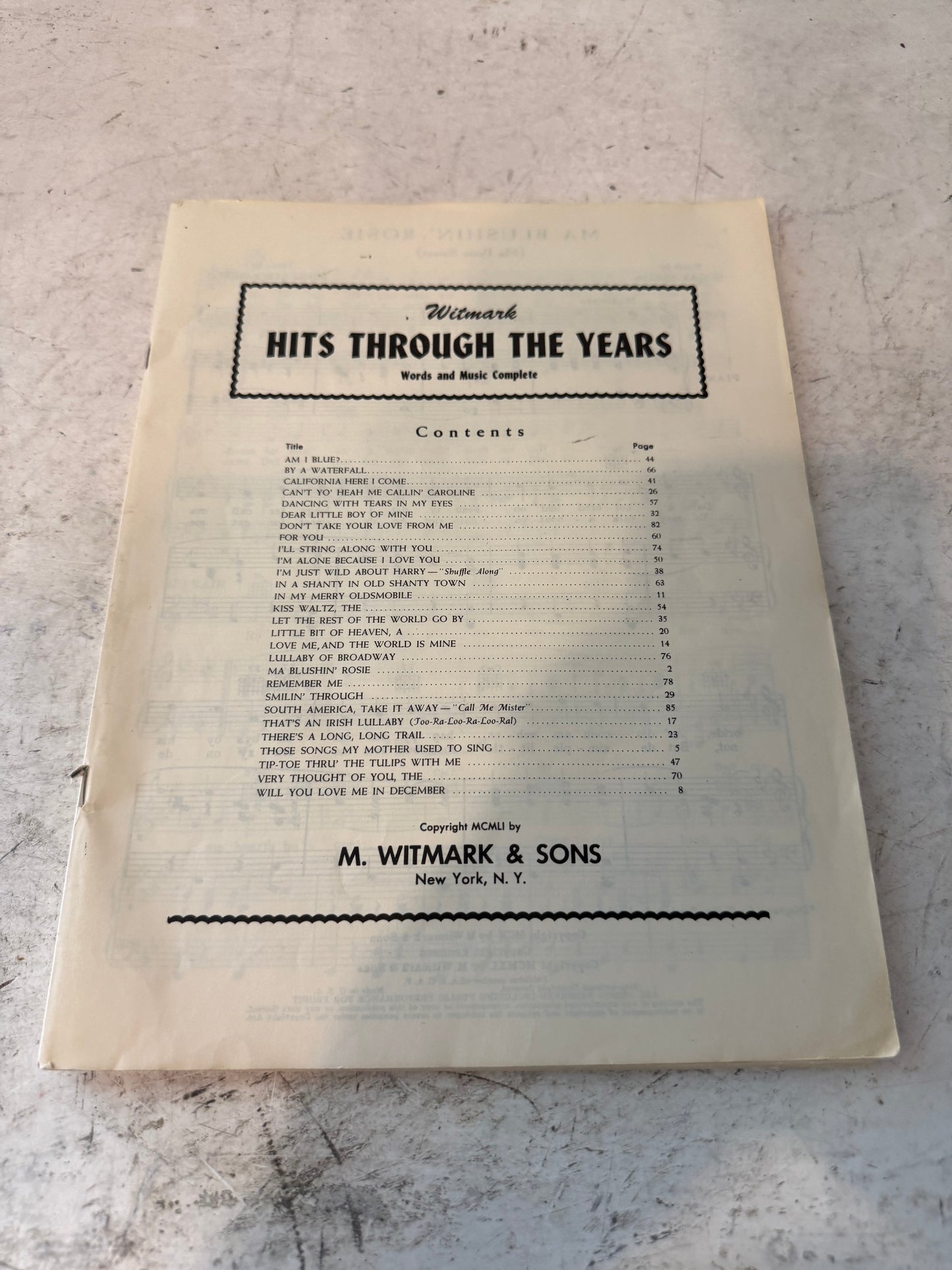 vintage sheet music book titled "Witmark Hits Through the Years