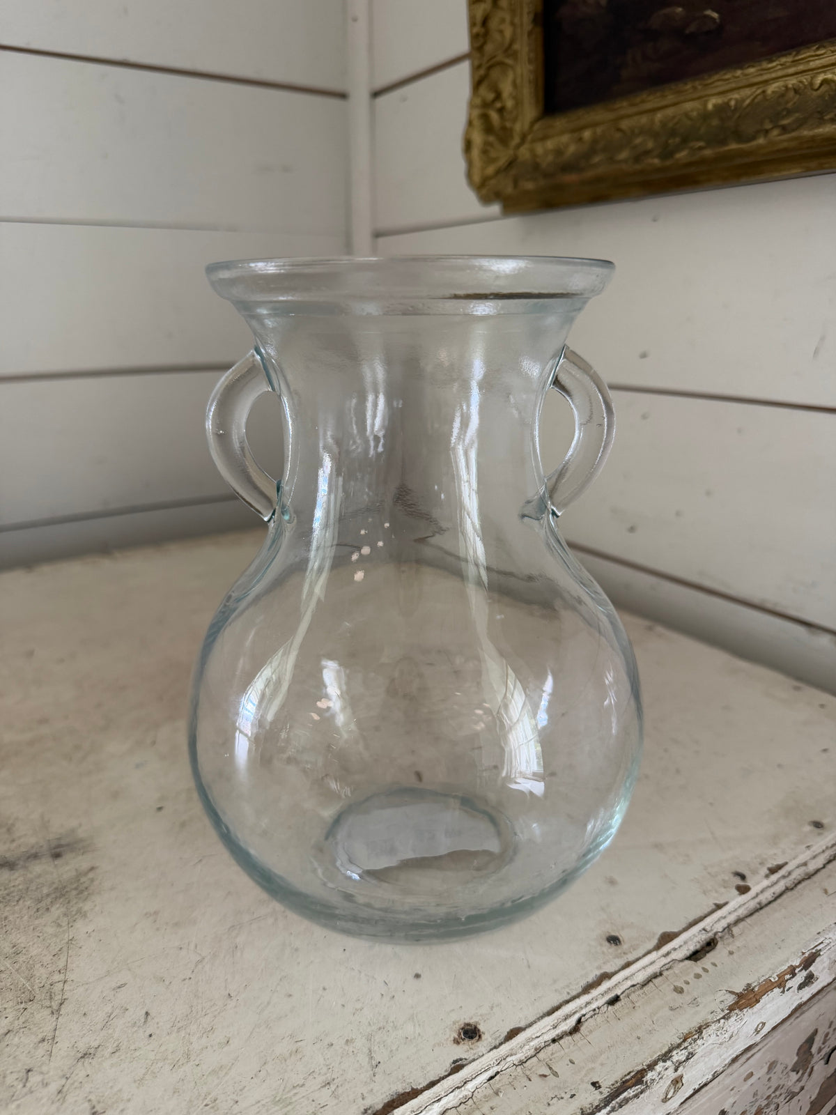 Double handled clear, glass vase