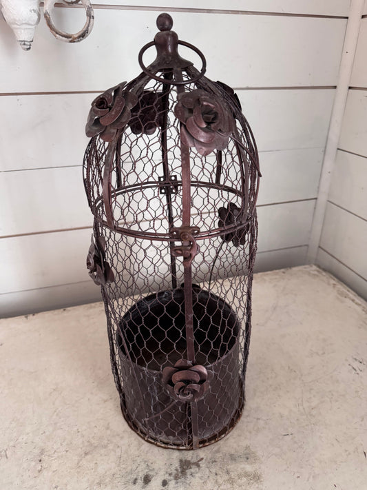 Bronze Colored Bird Cage With Metal Roses 18-1/2” tall