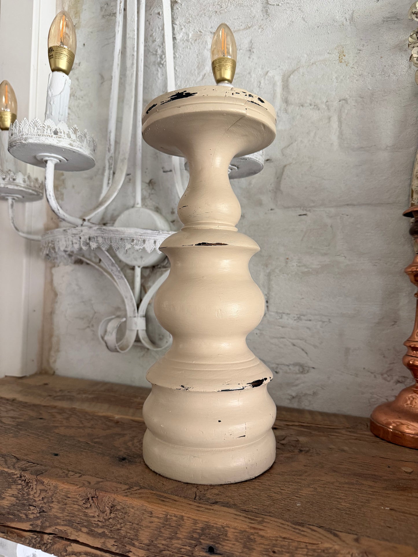 Large turned, candlestick hand painted 13”