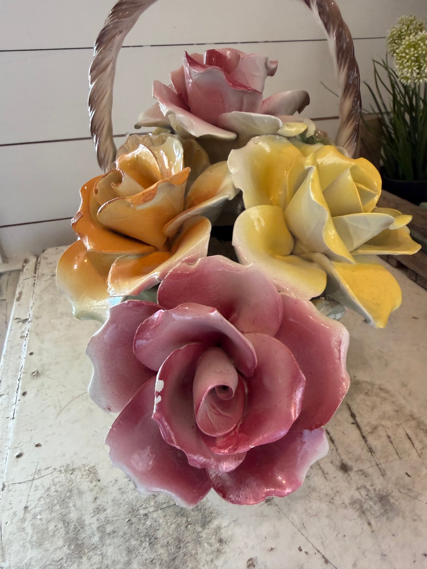 Large Capodimonte, Italy, Porcelain, Basket of Posies, Rose Flowers, Vintage small chips and imperfections as shown