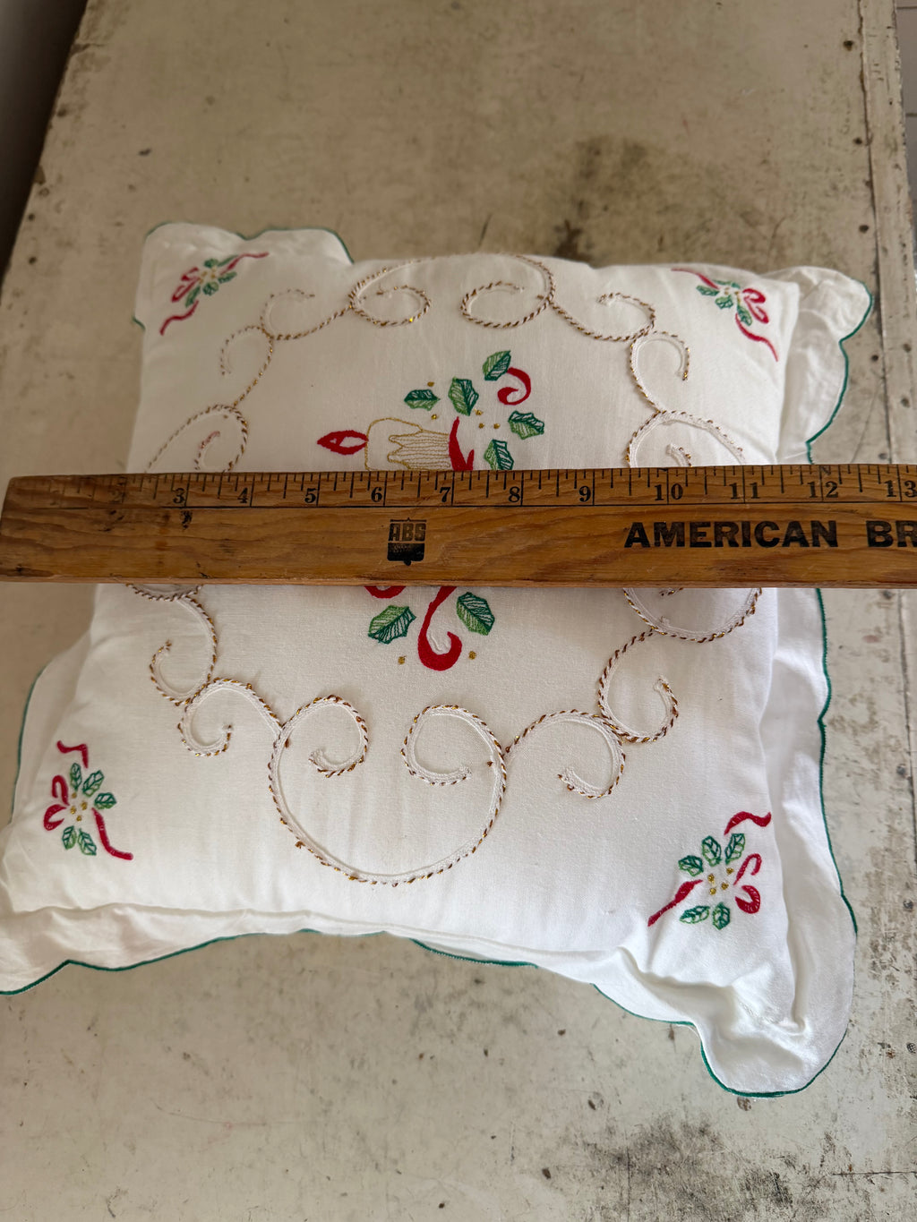 Embroidered Decorative Christmas Pillow With Holly and Candles