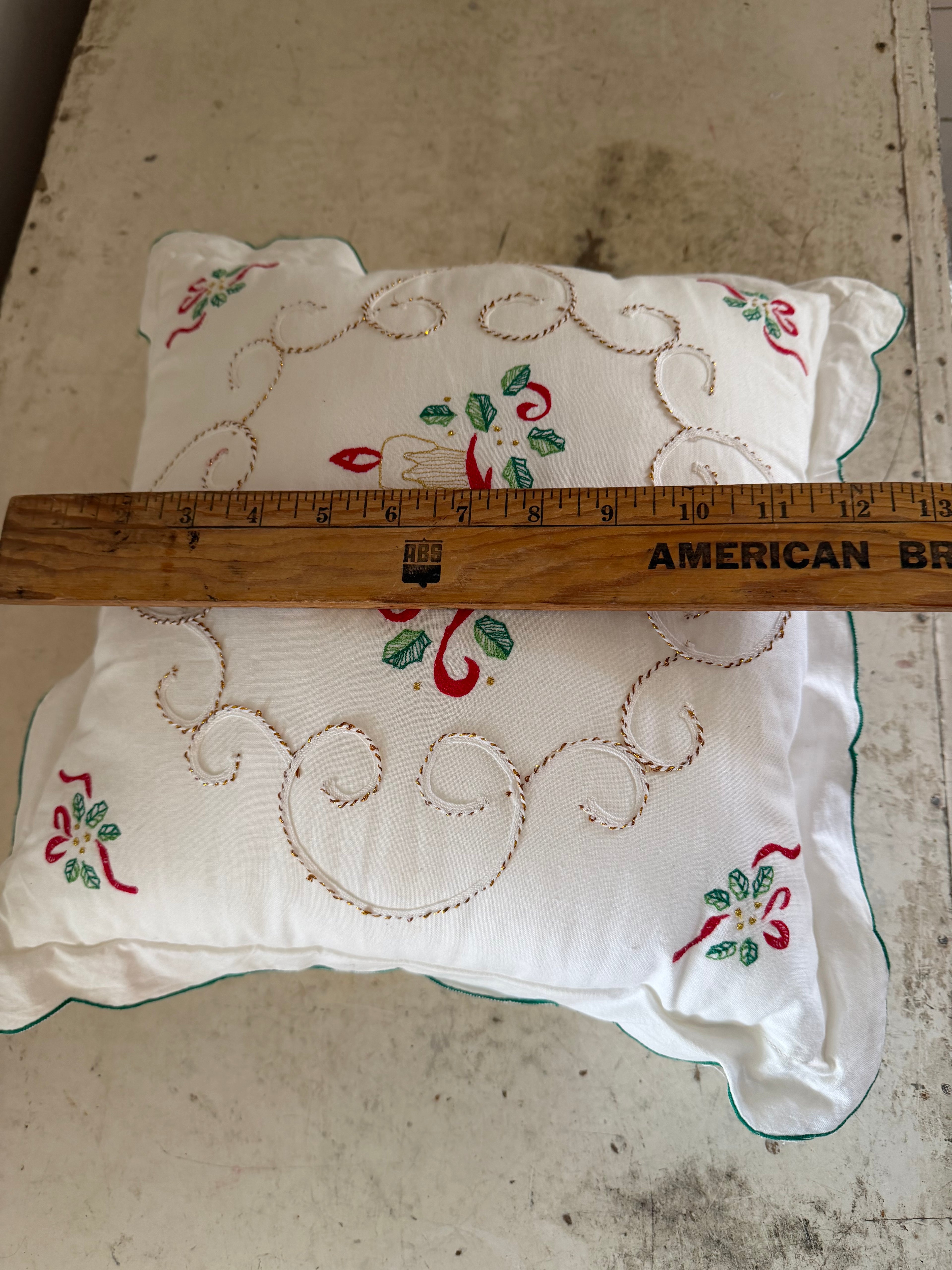 Embroidered Decorative Christmas Pillow With Holly and Candles