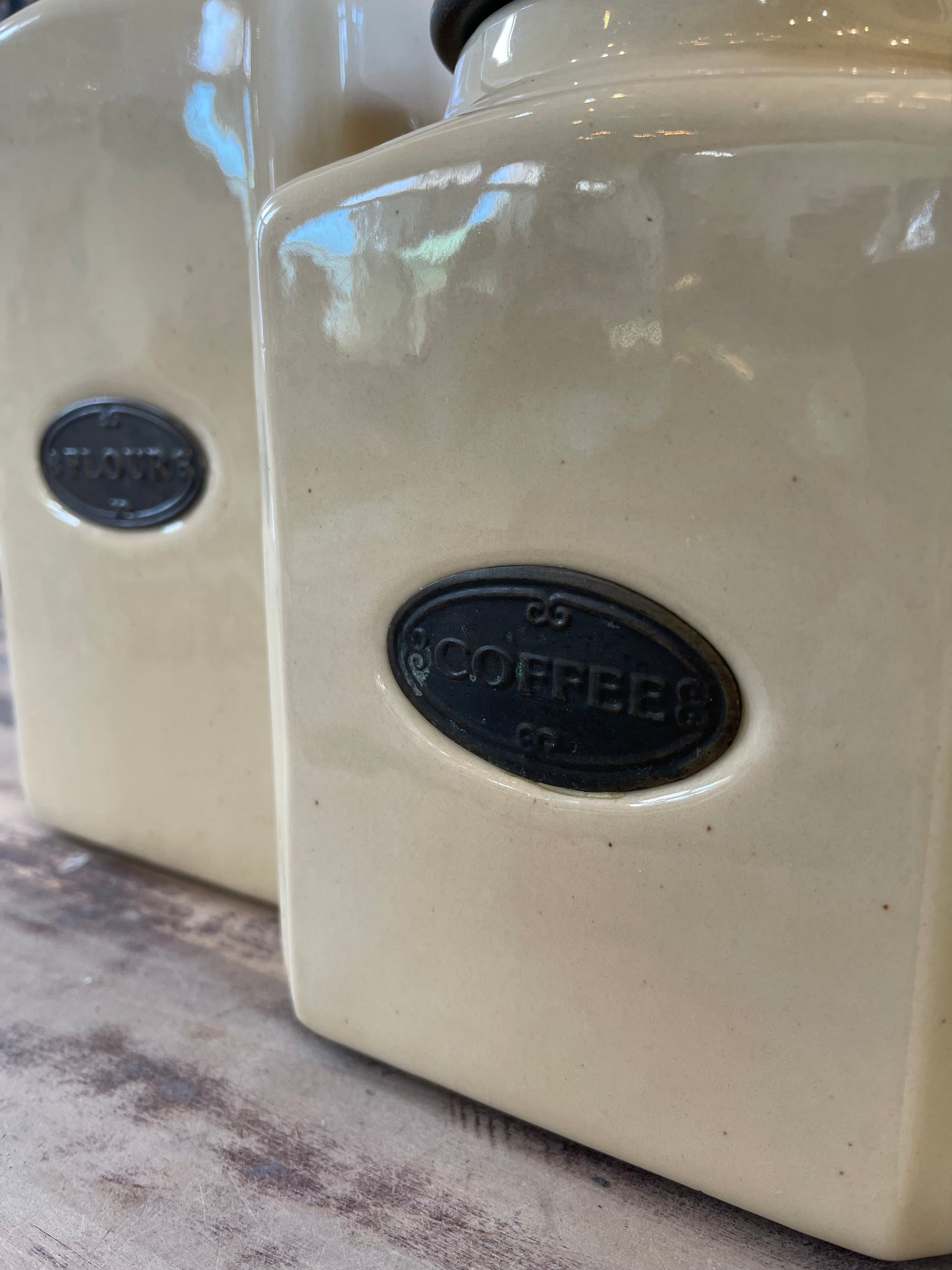 Set of 3 Aged Cream Ceramic Canisters with Mango Wood Lids & Brass Labels
