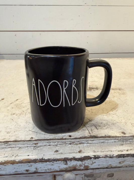 Rae Dunn "ADORBS" black ceramic mug.