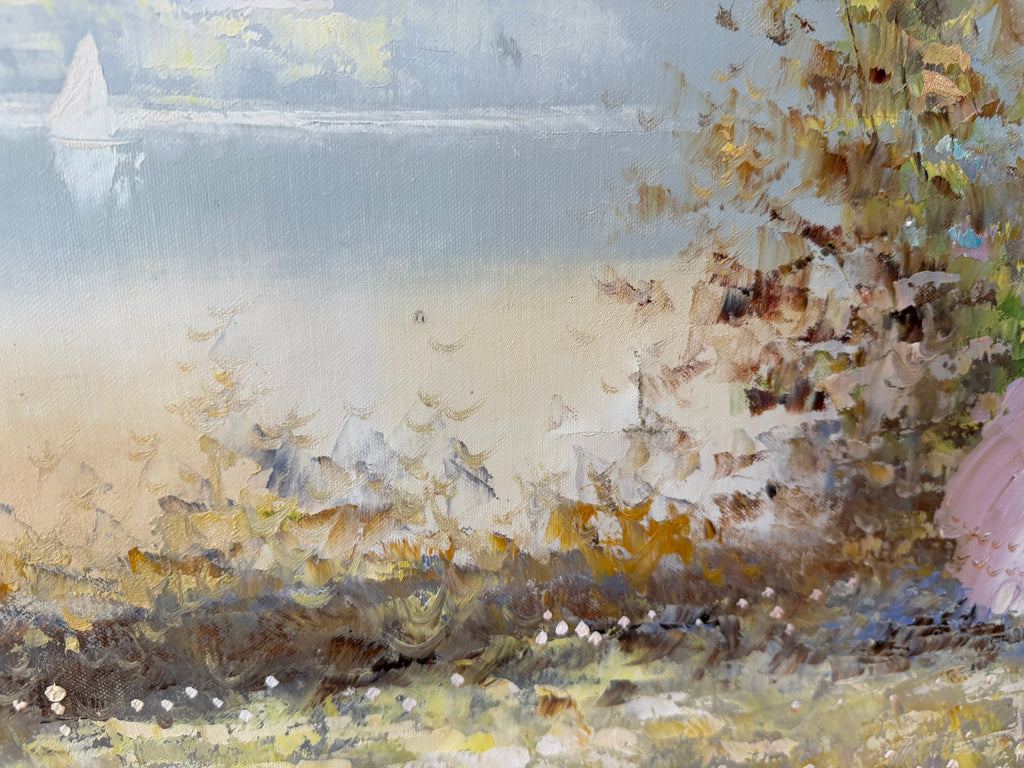 Original Oil Woman with parasol & Floral has had crack repaired