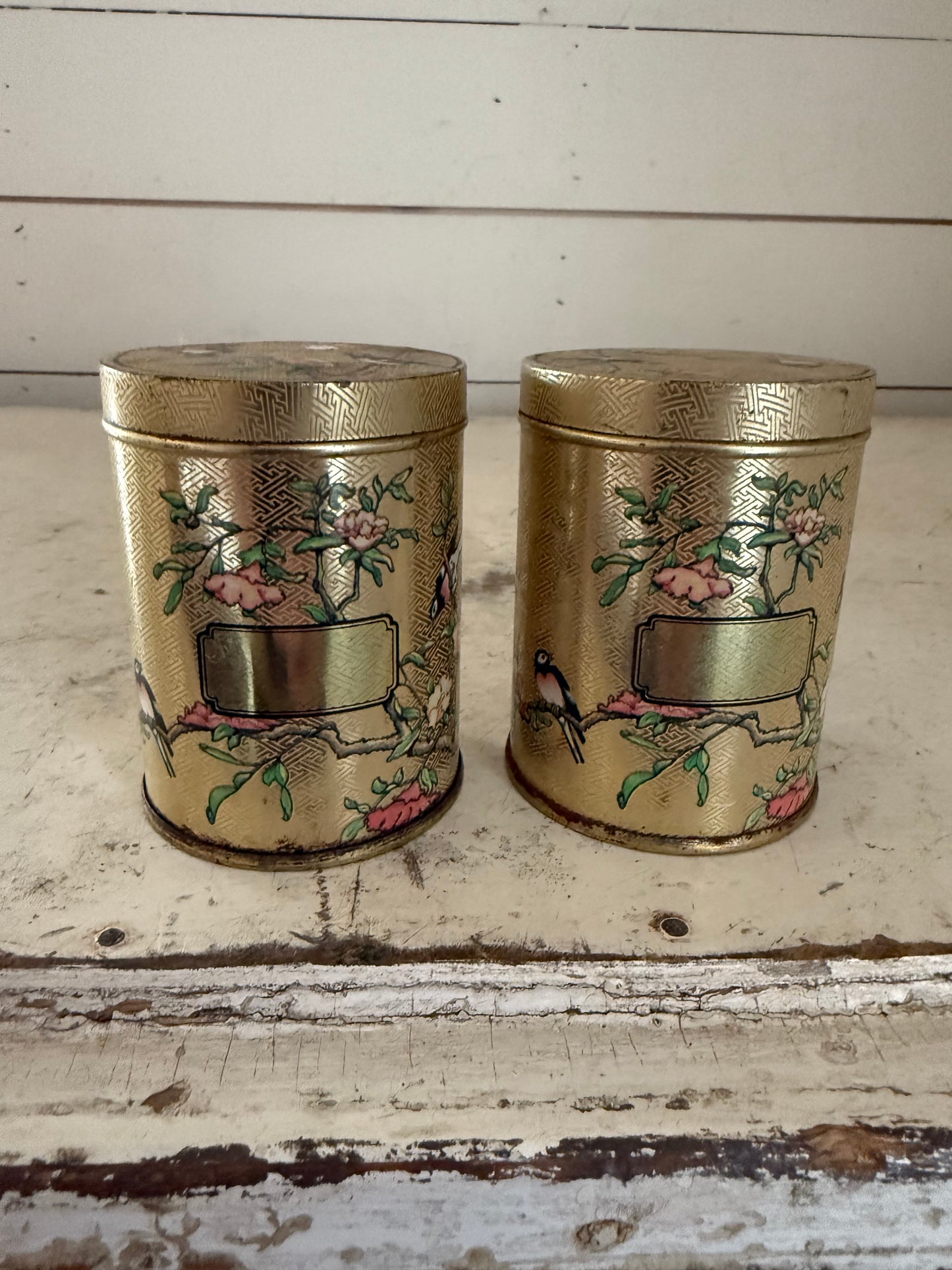 Small Vintage Spice Tin, DoDo Designs Made in Tunbridge Wells England, Bird & Floral Design 3" Gold Tin - sold individually