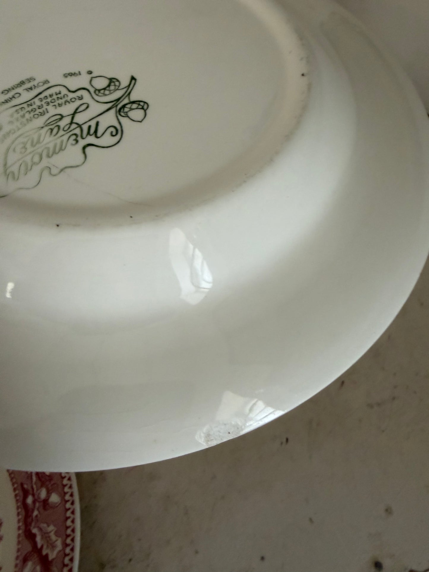 Vintage  Royal Ironstone Memory Lane Dinner Plate 10” Red Transferware Country - as is see Chip sold individually