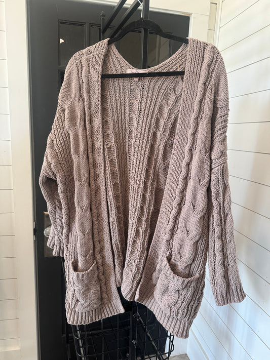 Taupe Oversized Cableknit Cardigan with Pockets -Medium