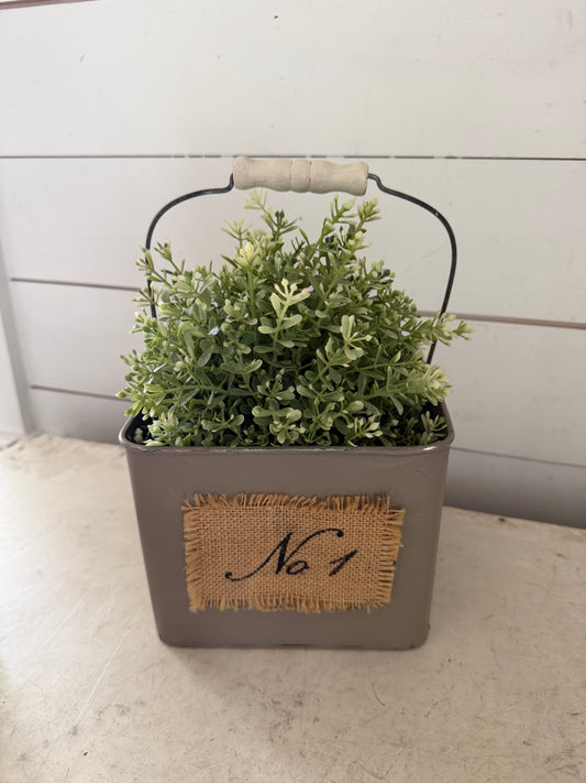 Hand Painted Metal bucket with handle greenery included
